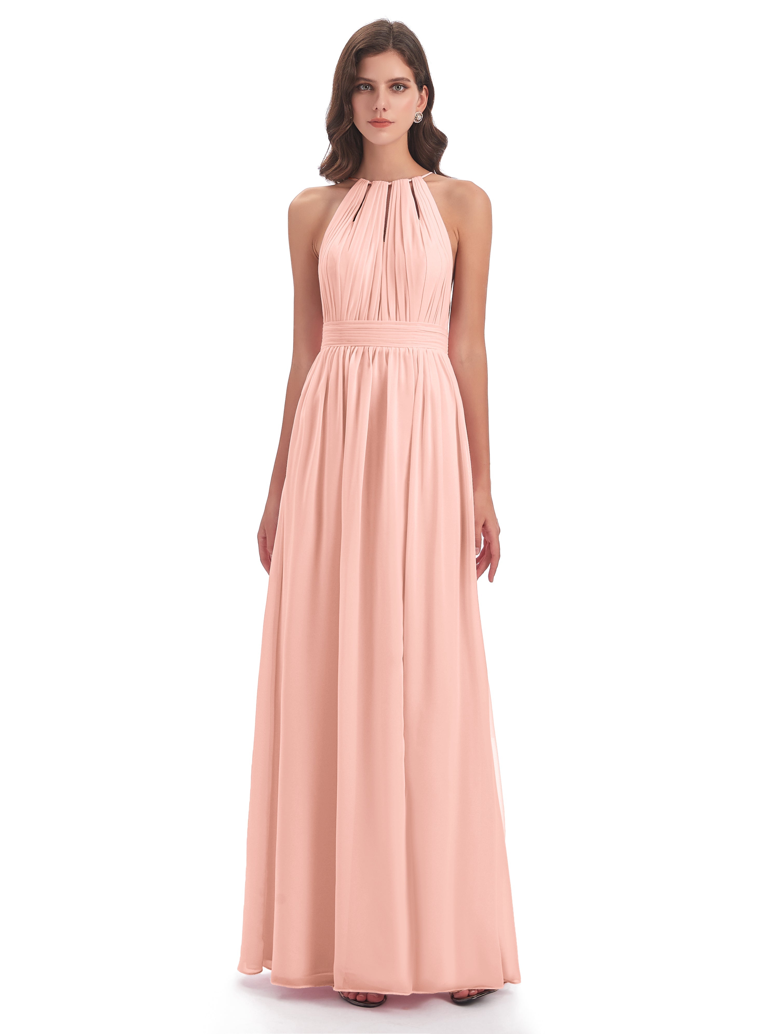 Robe Demoiselle D Honneur Corail Fendue Devant Licou Mousseline Robes Demoiselle D'Honneur
