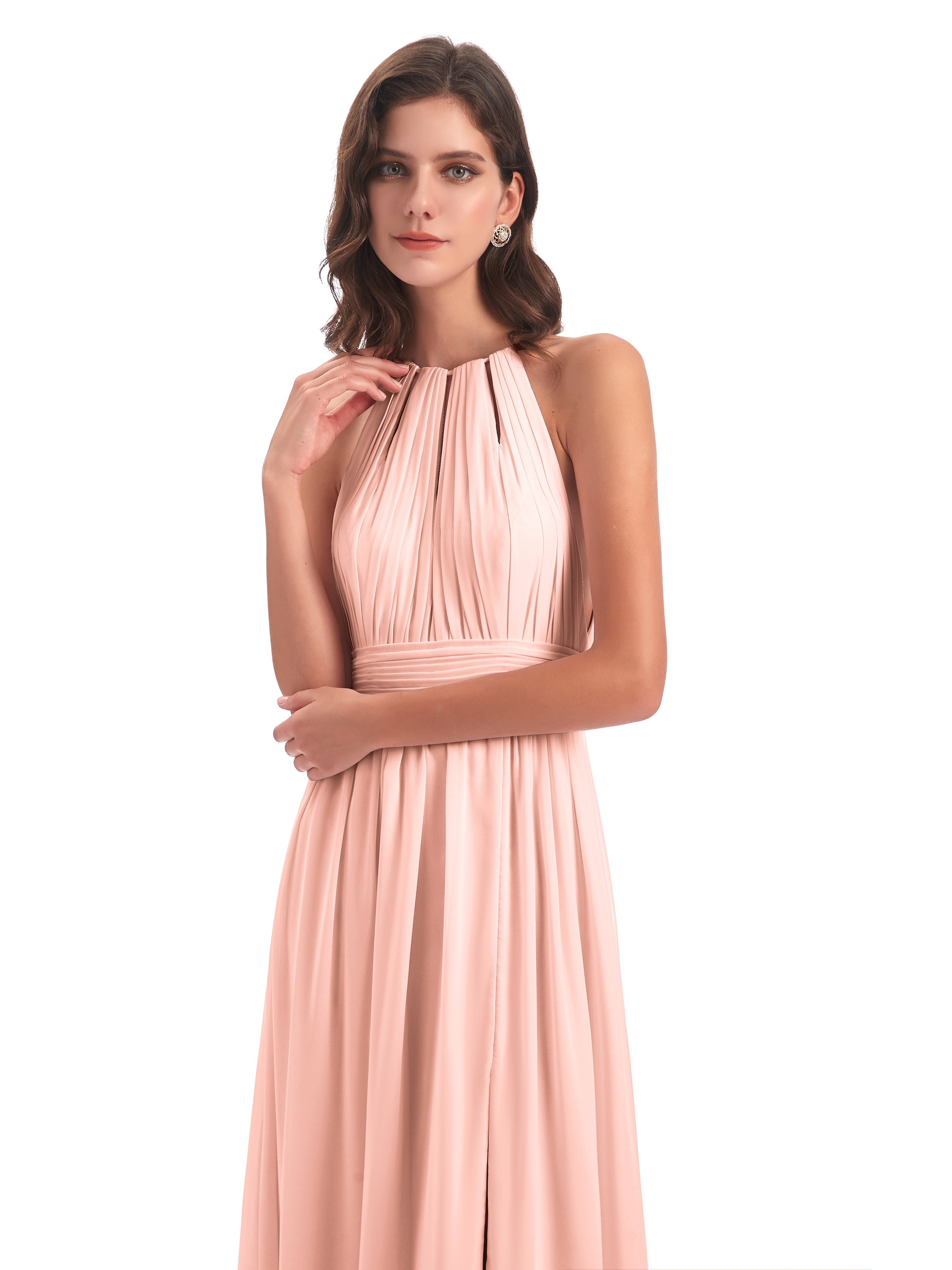 Robe Demoiselle D Honneur Corail Fendue Devant Licou Mousseline Robes Demoiselle D'Honneur