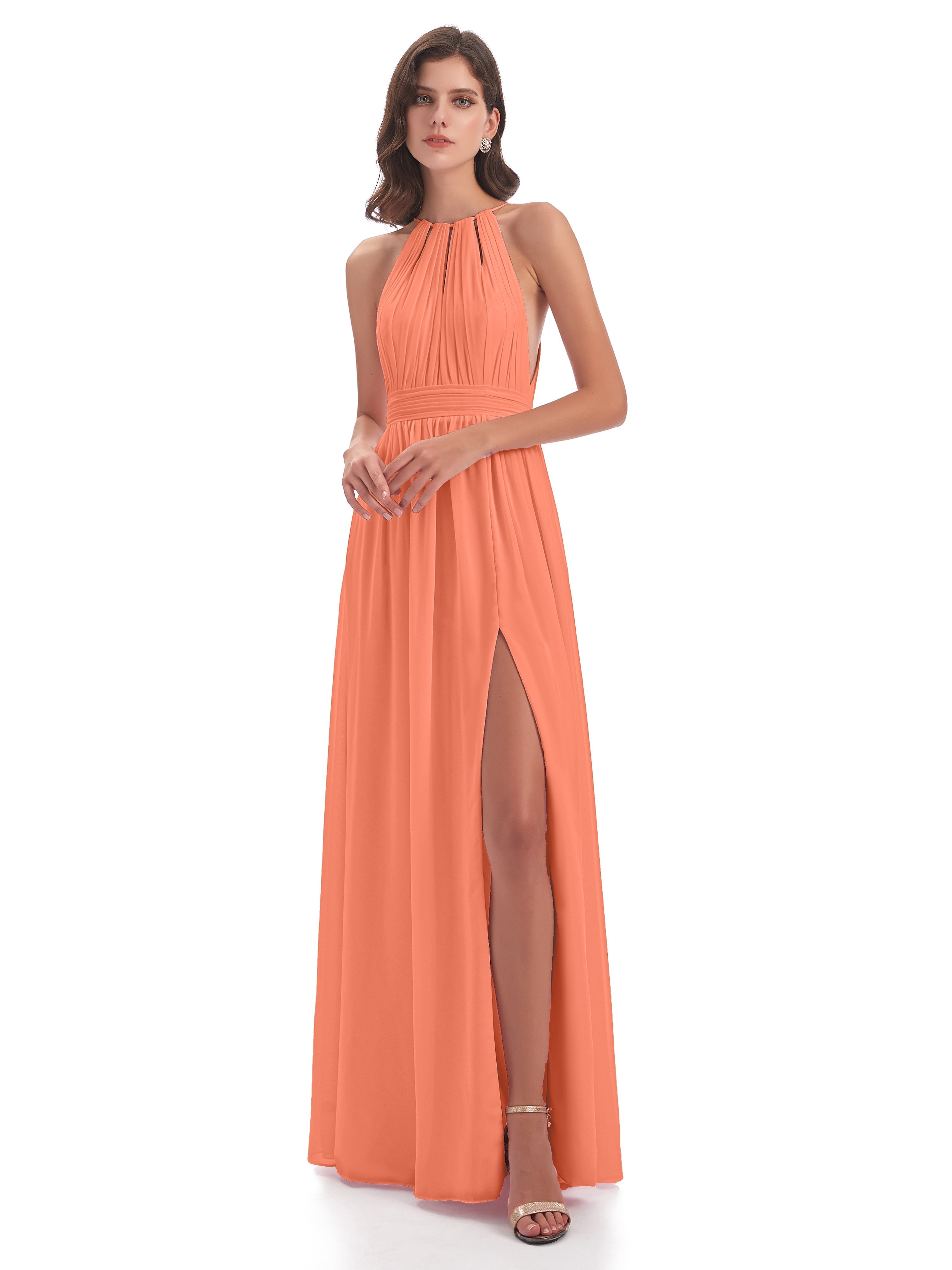 Robes De Demoiselle D'Honneur Coucher De Soleil Fendue Devant Licou Mousseline Robes Demoiselle D'Honneur