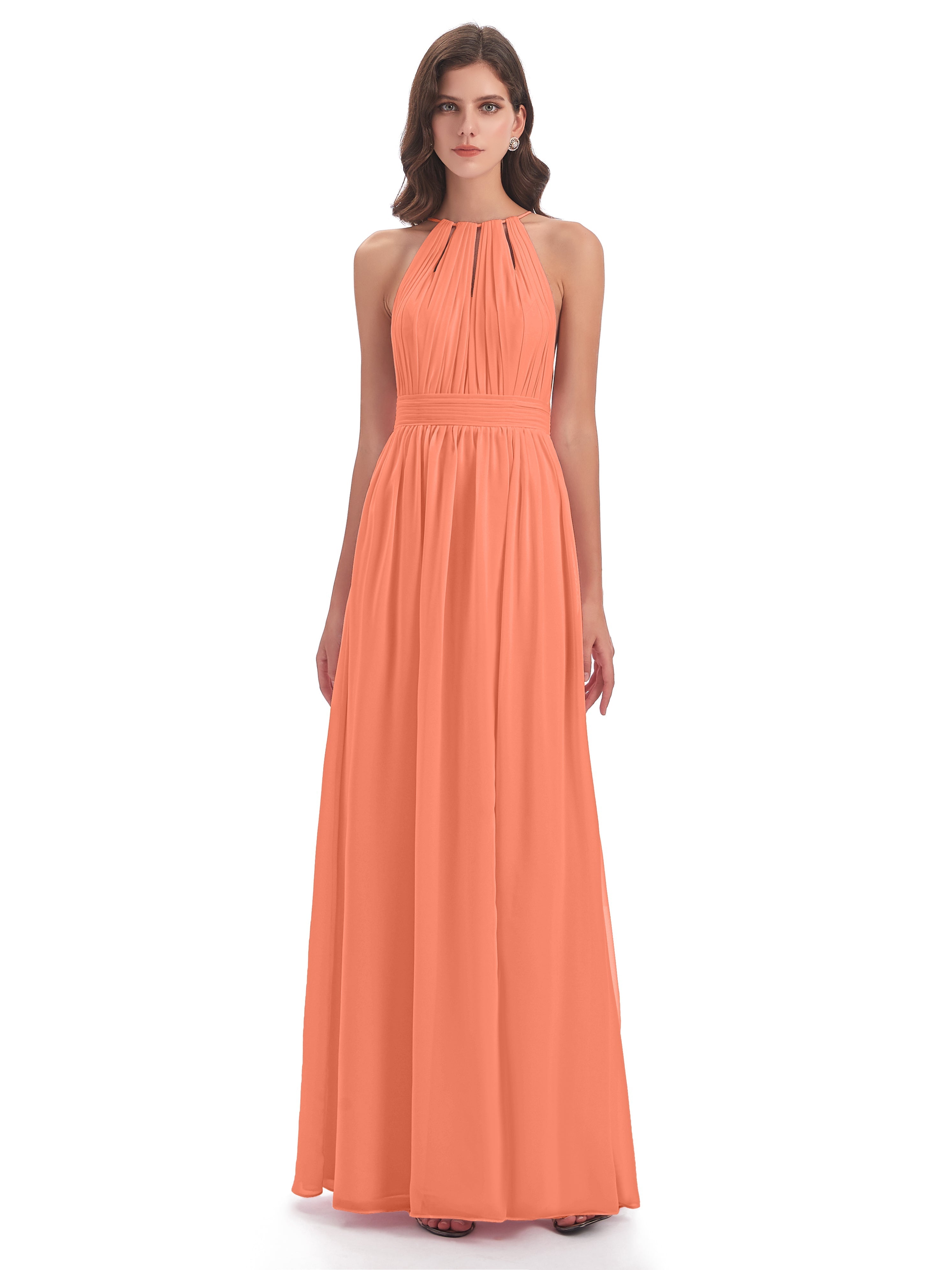Robes De Demoiselle D'Honneur Coucher De Soleil Fendue Devant Licou Mousseline Robes Demoiselle D'Honneur