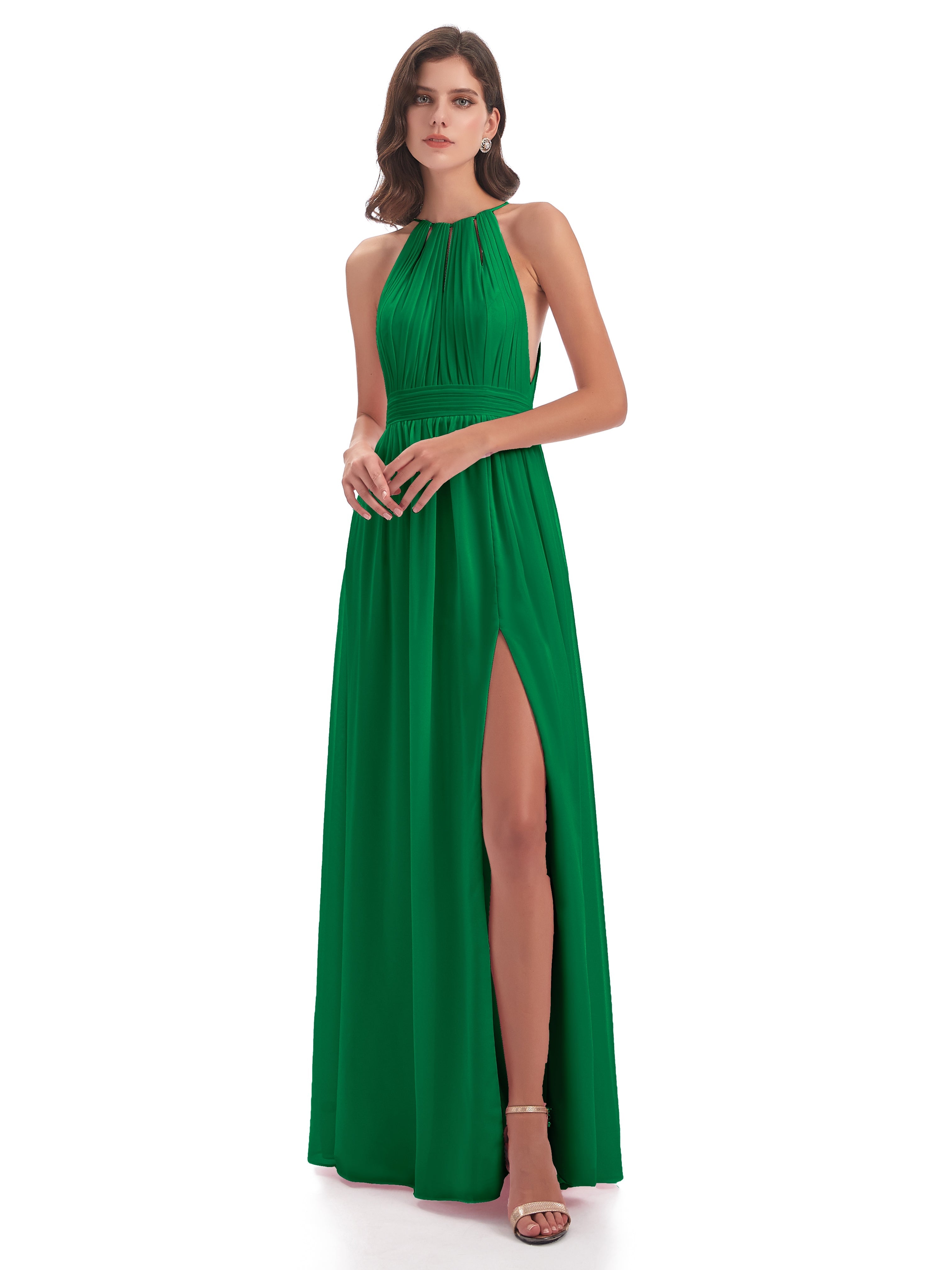 Robes De Demoiselle D'Honneur Vert Émeraude Fendue Devant Licou Mousseline Robes Demoiselle D'Honneur