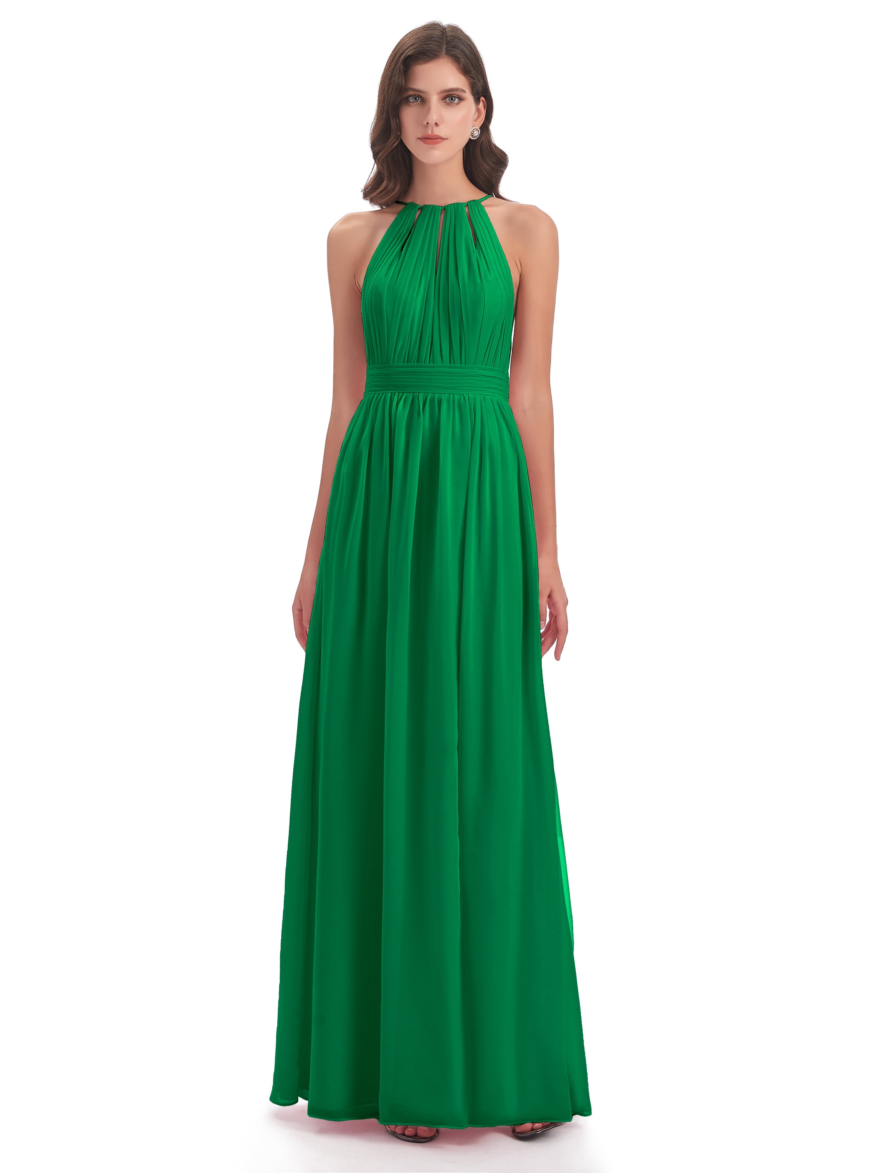Robes De Demoiselle D'Honneur Vert Émeraude Fendue Devant Licou Mousseline Robes Demoiselle D'Honneur
