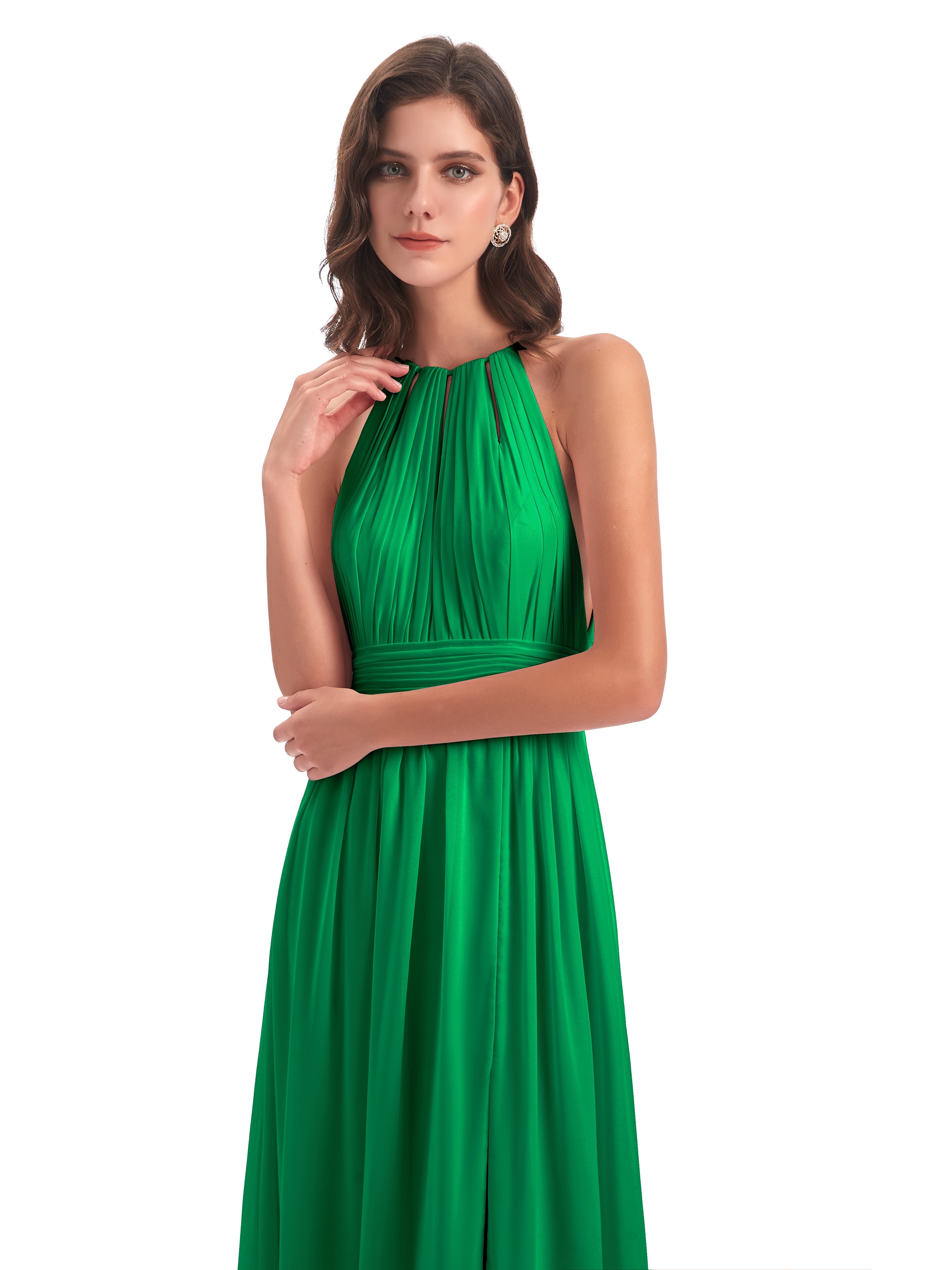 Robes De Demoiselle D'Honneur Vert Émeraude Fendue Devant Licou Mousseline Robes Demoiselle D'Honneur