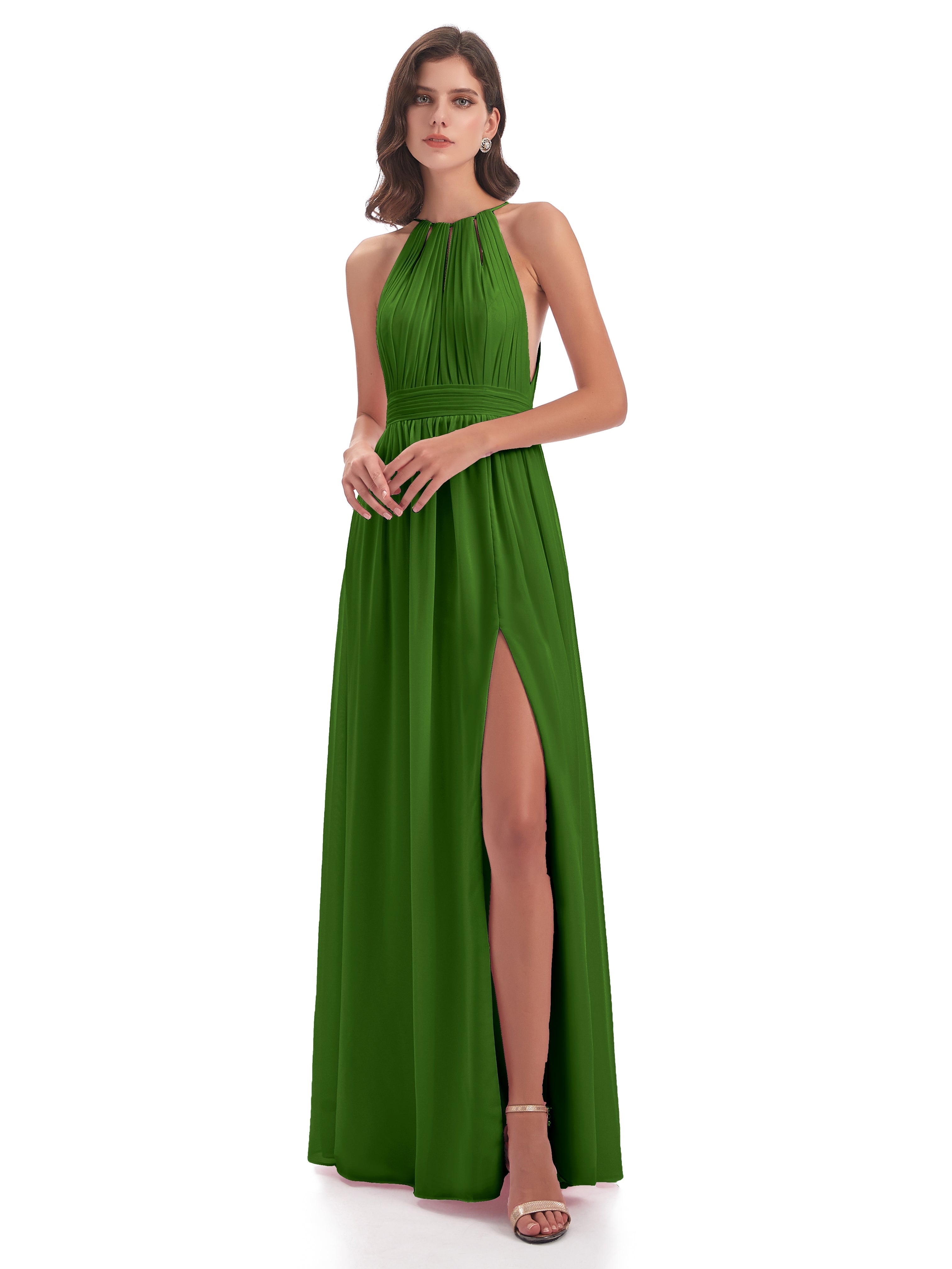 Robes De Demoiselle D'Honneur Vert Mousse Fendue Devant Licou Mousseline Robes Demoiselle D'Honneur