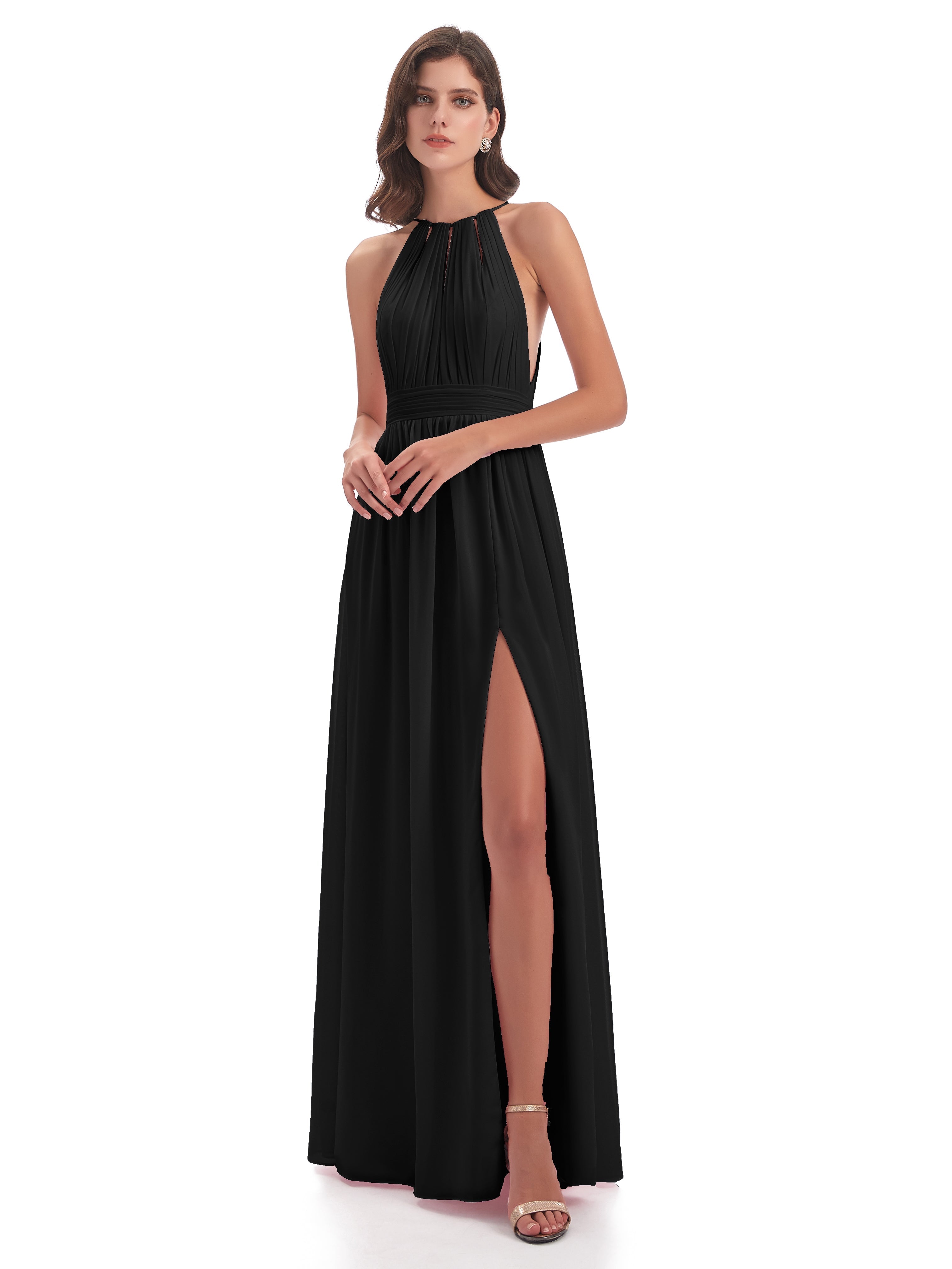 Demoiselle D Honneur Robe Noire Fendue Devant Licou Mousseline Robes Demoiselle D'Honneur