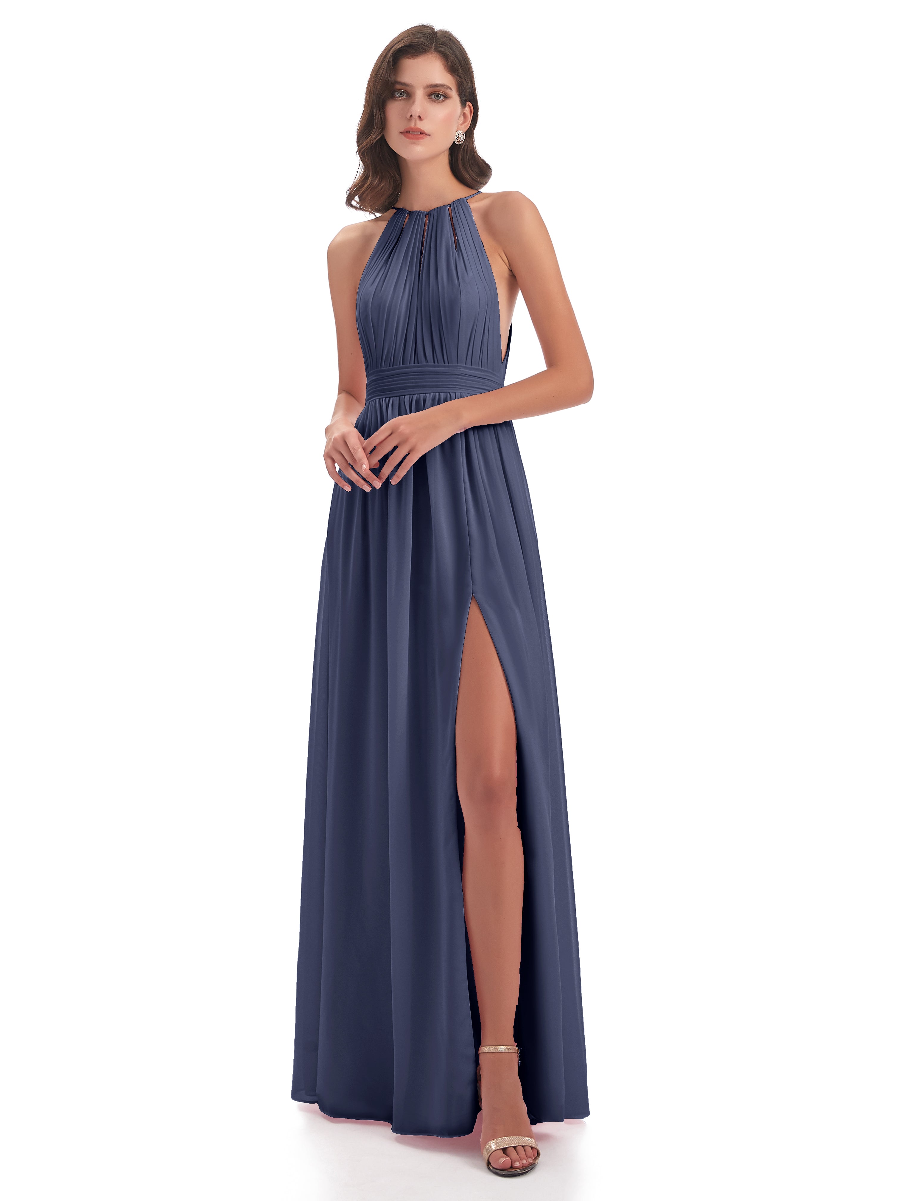 Robes De Demoiselle D'Honneur Bleu Orageux Fendue Devant Licou Mousseline Robes Demoiselle D'Honneur