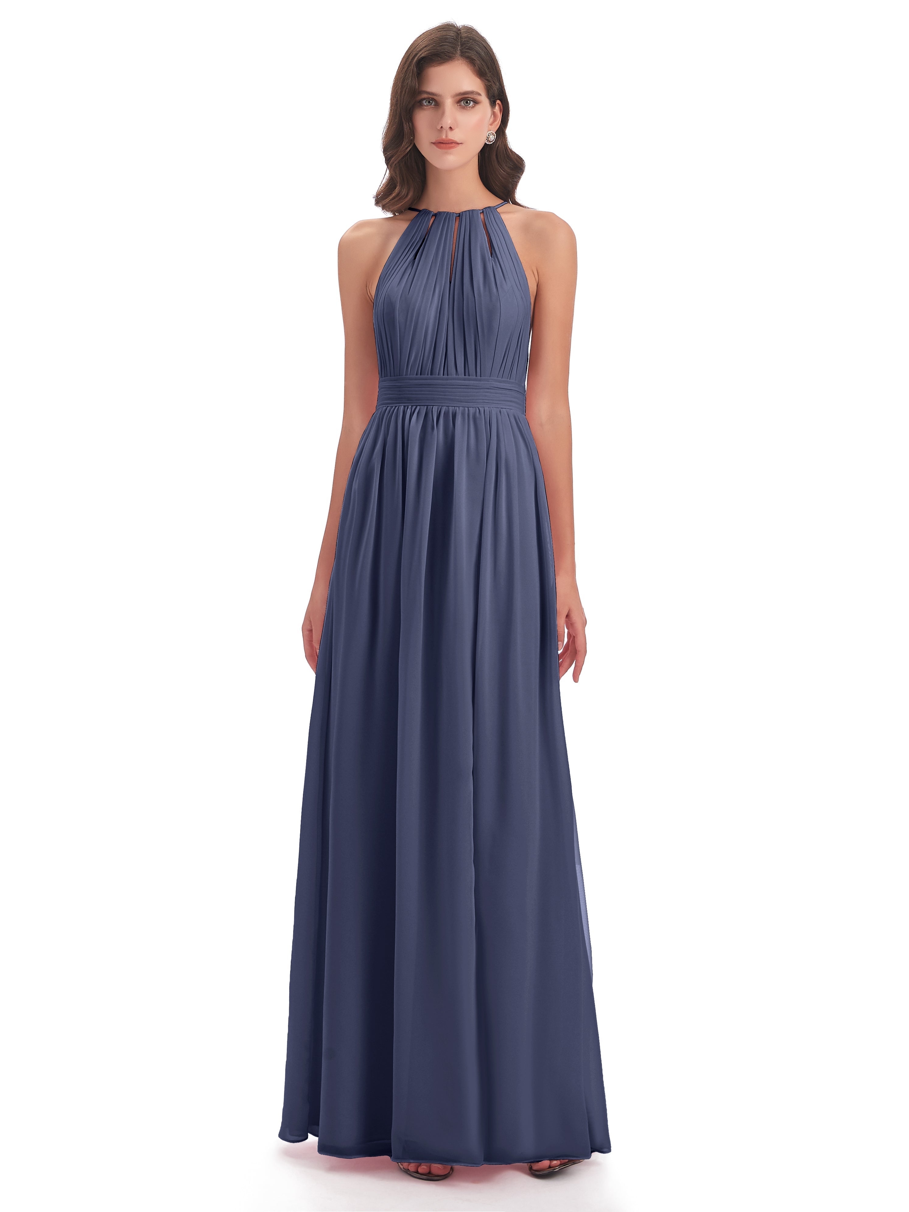 Robes De Demoiselle D'Honneur Bleu Orageux Fendue Devant Licou Mousseline Robes Demoiselle D'Honneur