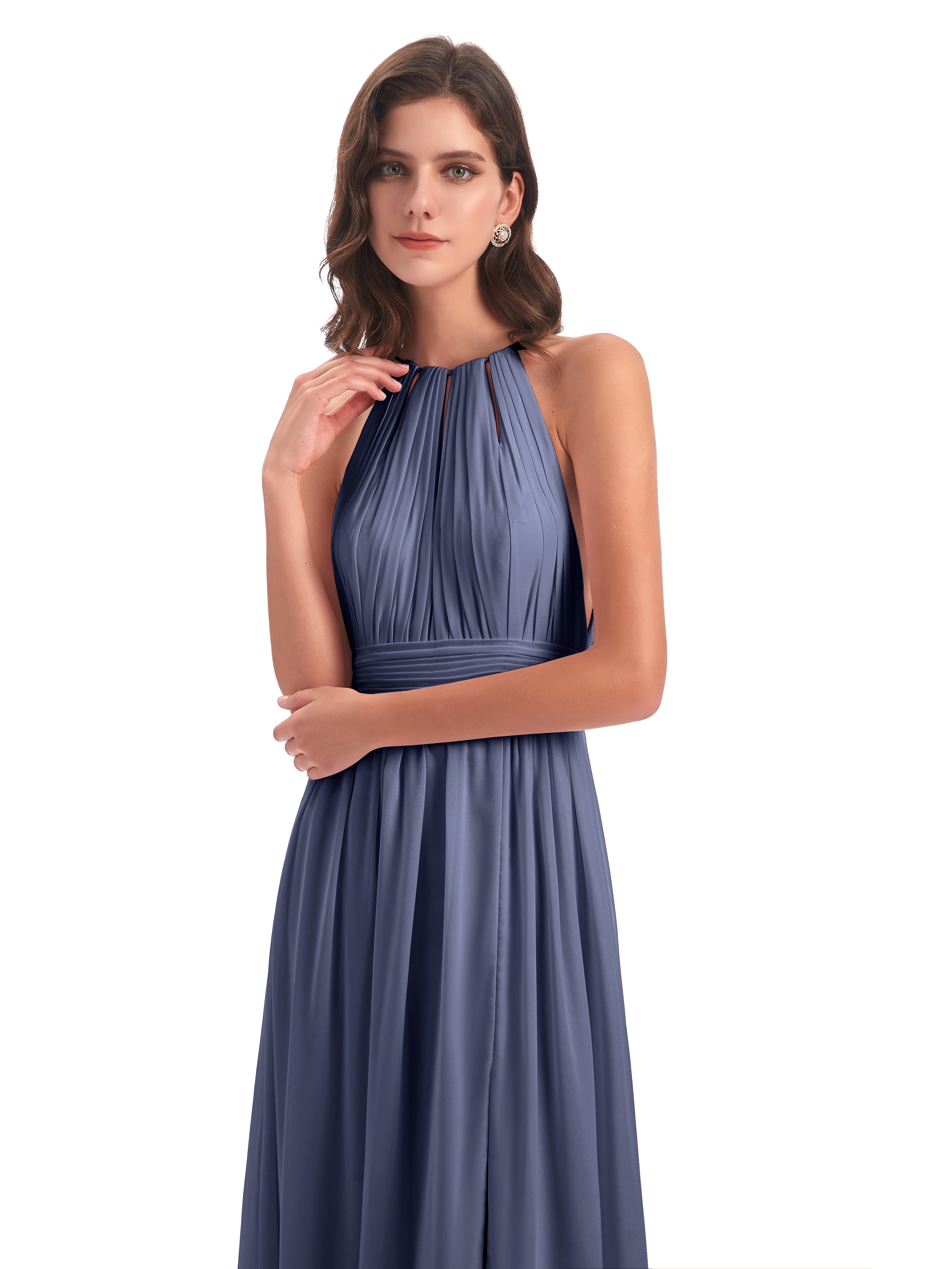 Robes De Demoiselle D'Honneur Bleu Orageux Fendue Devant Licou Mousseline Robes Demoiselle D'Honneur