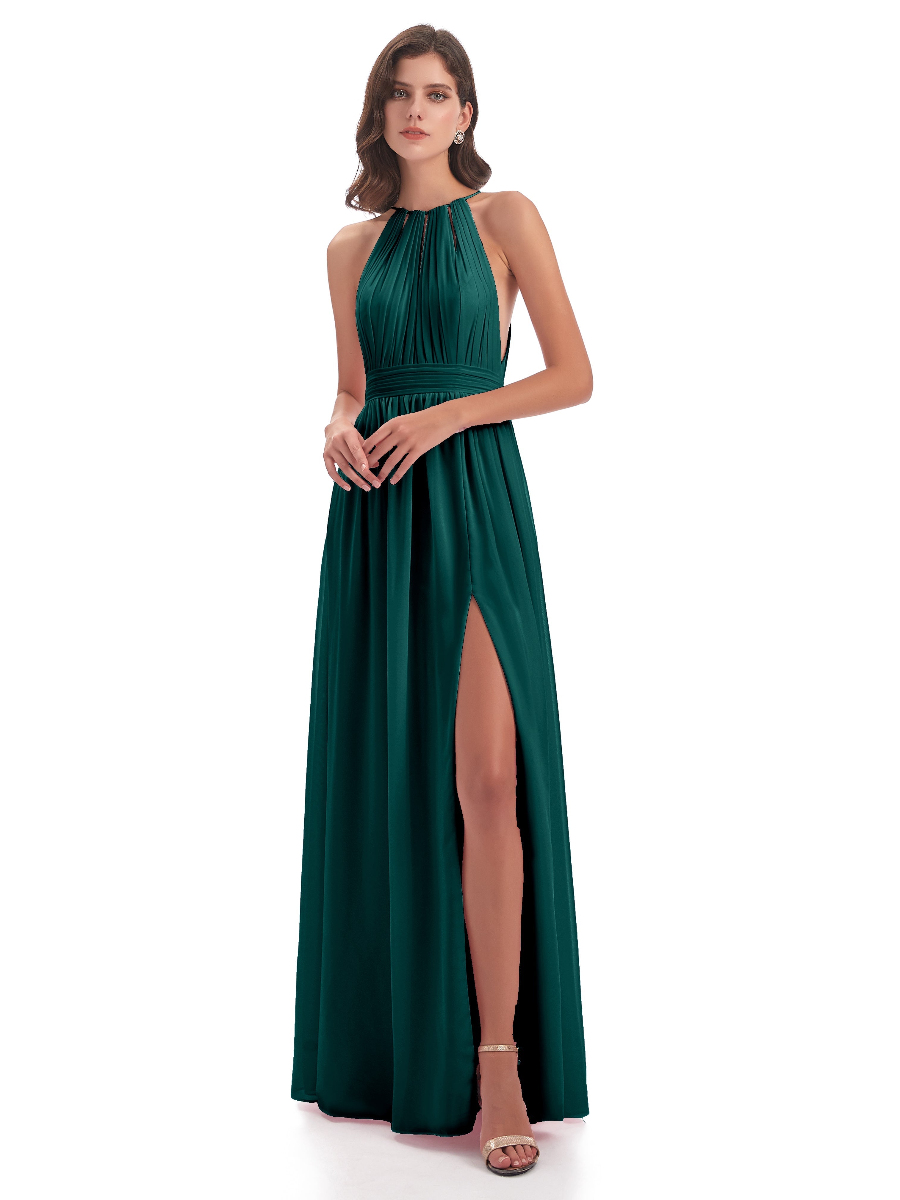 Robe De Demoiselle D'Honneur De Paon Au Sol Fendue Devant Licou Mousseline Robes Demoiselle D'Honneur