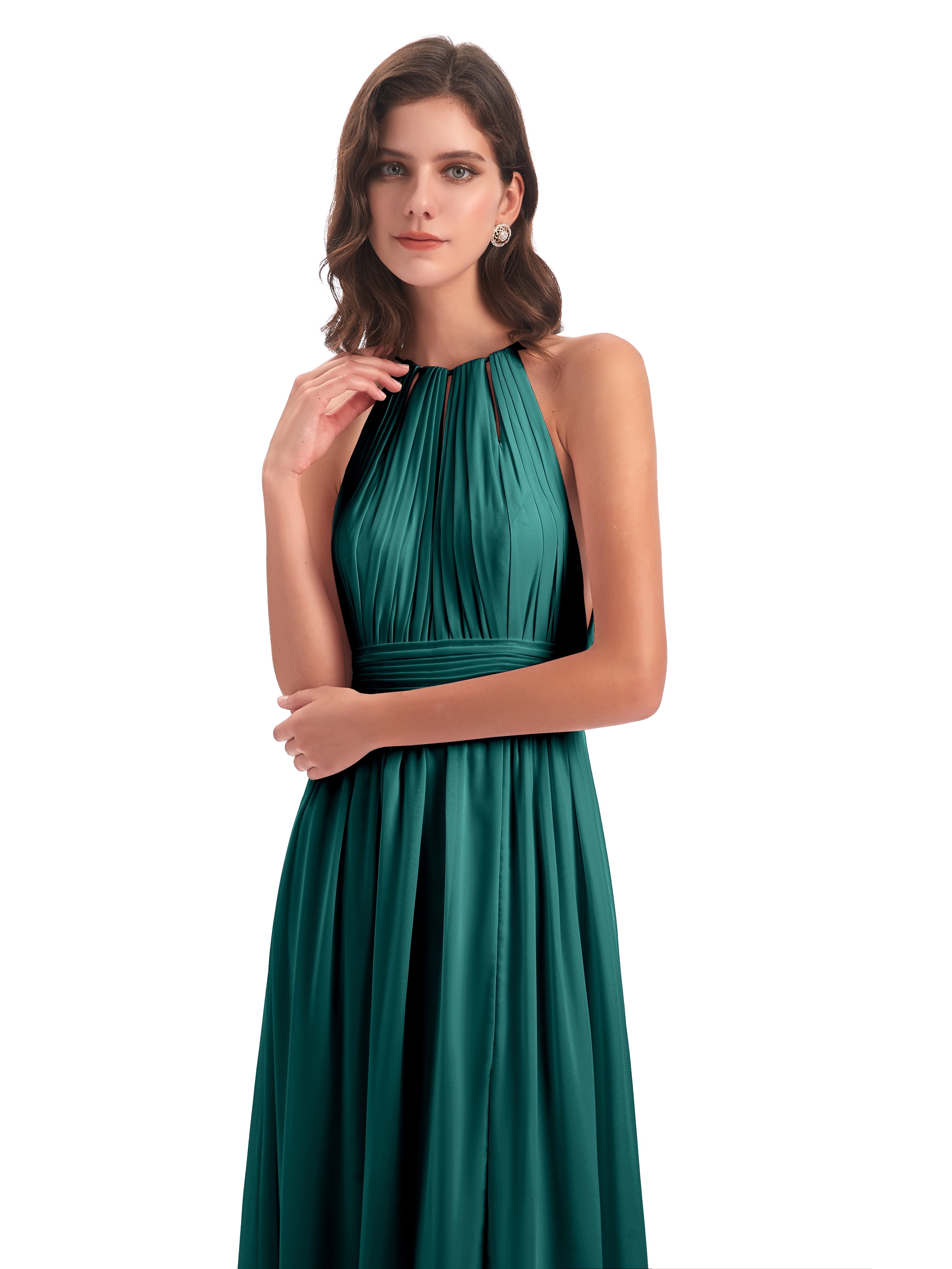 Robe De Demoiselle D'Honneur De Paon Au Sol Fendue Devant Licou Mousseline Robes Demoiselle D'Honneur