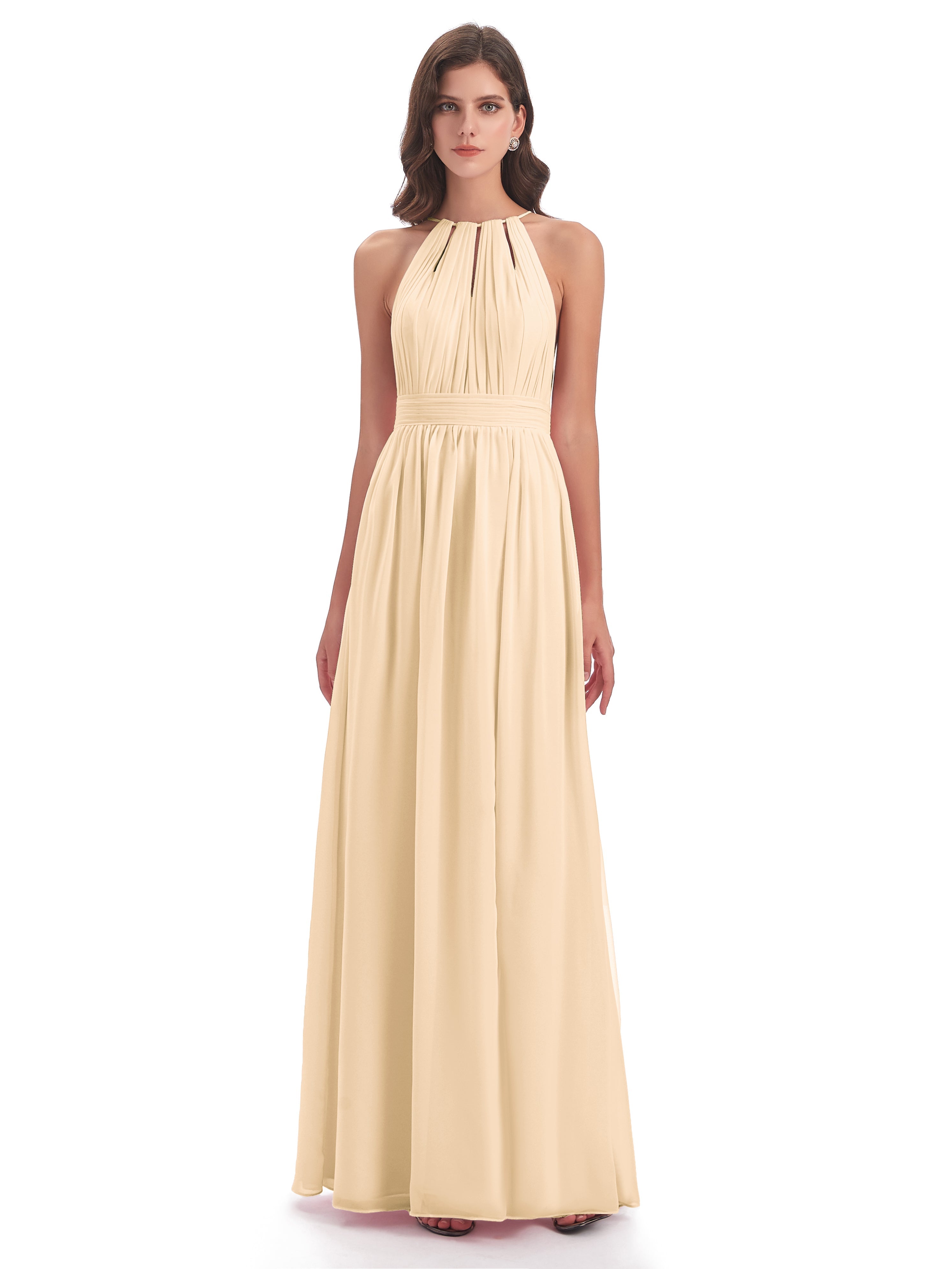 Robe Demoiselle D Honneur Couleur Peche Fendue Devant Licou Mousseline Robes Demoiselle D'Honneur