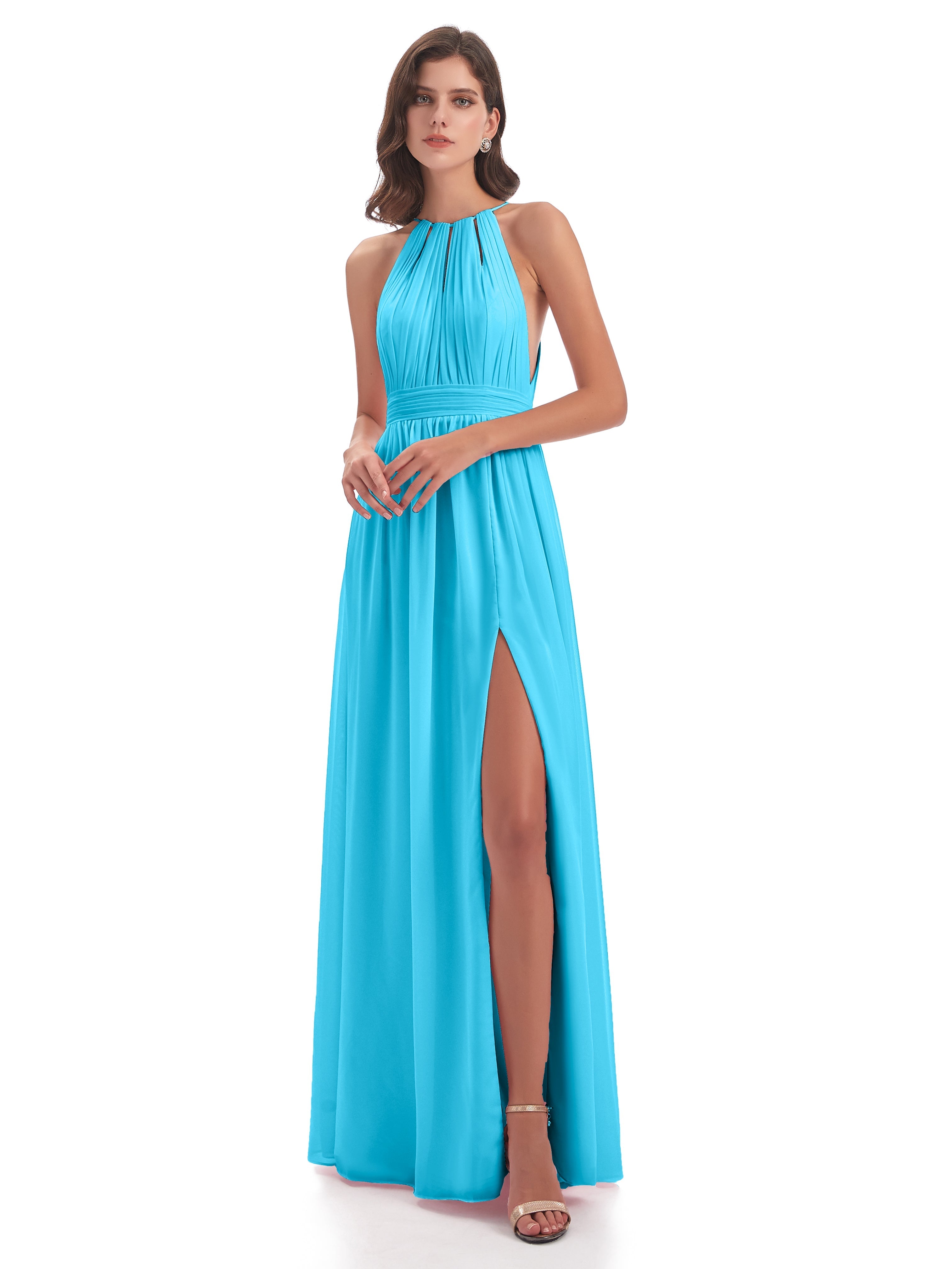 Robe De Demoiselle D'Honneur En Piscine Fendue Devant Licou Mousseline Robes Demoiselle D'Honneur