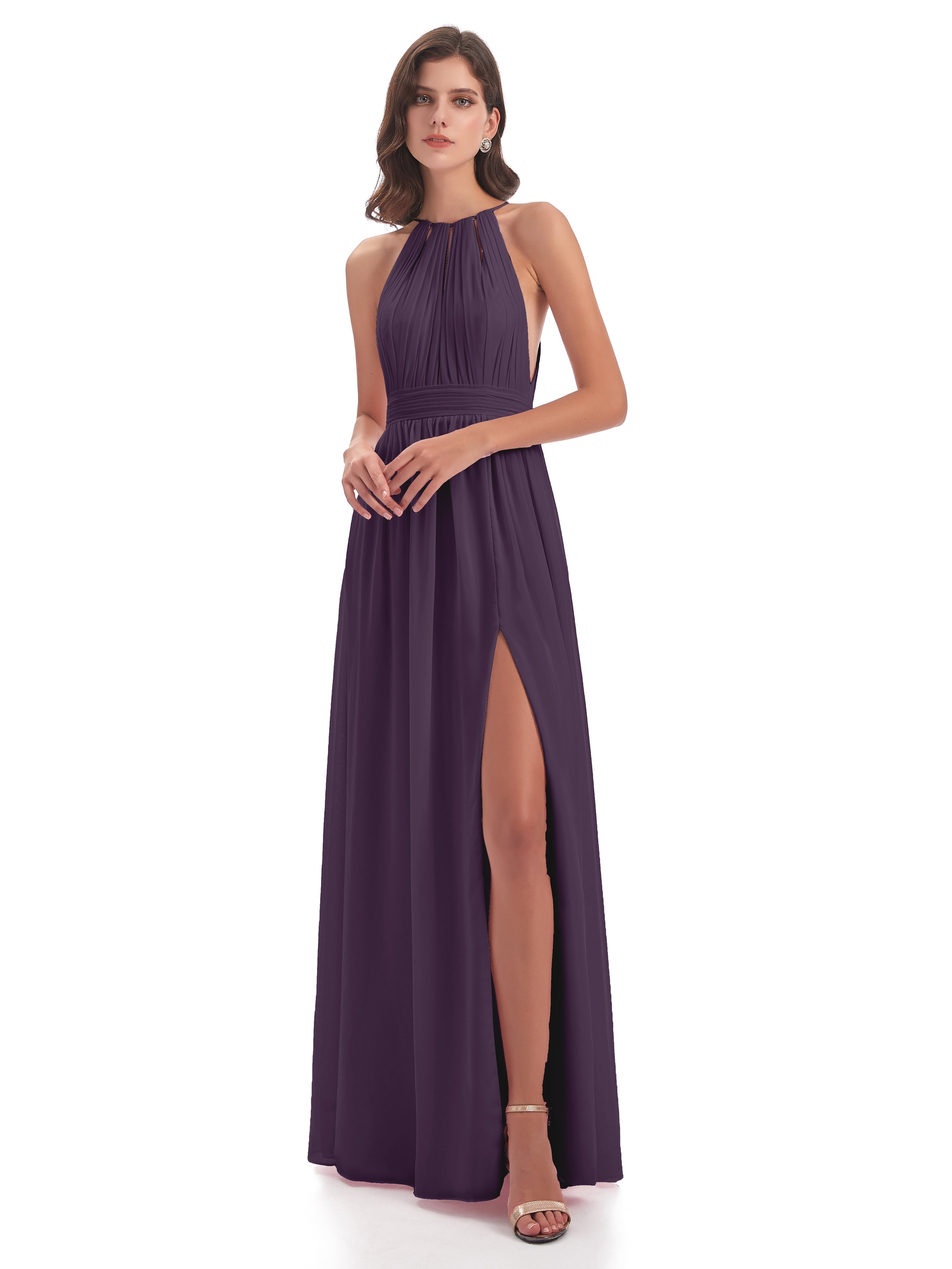 Robe De Demoiselle D'Honneur En Plum Fendue Devant Licou Mousseline Robes Demoiselle D'Honneur