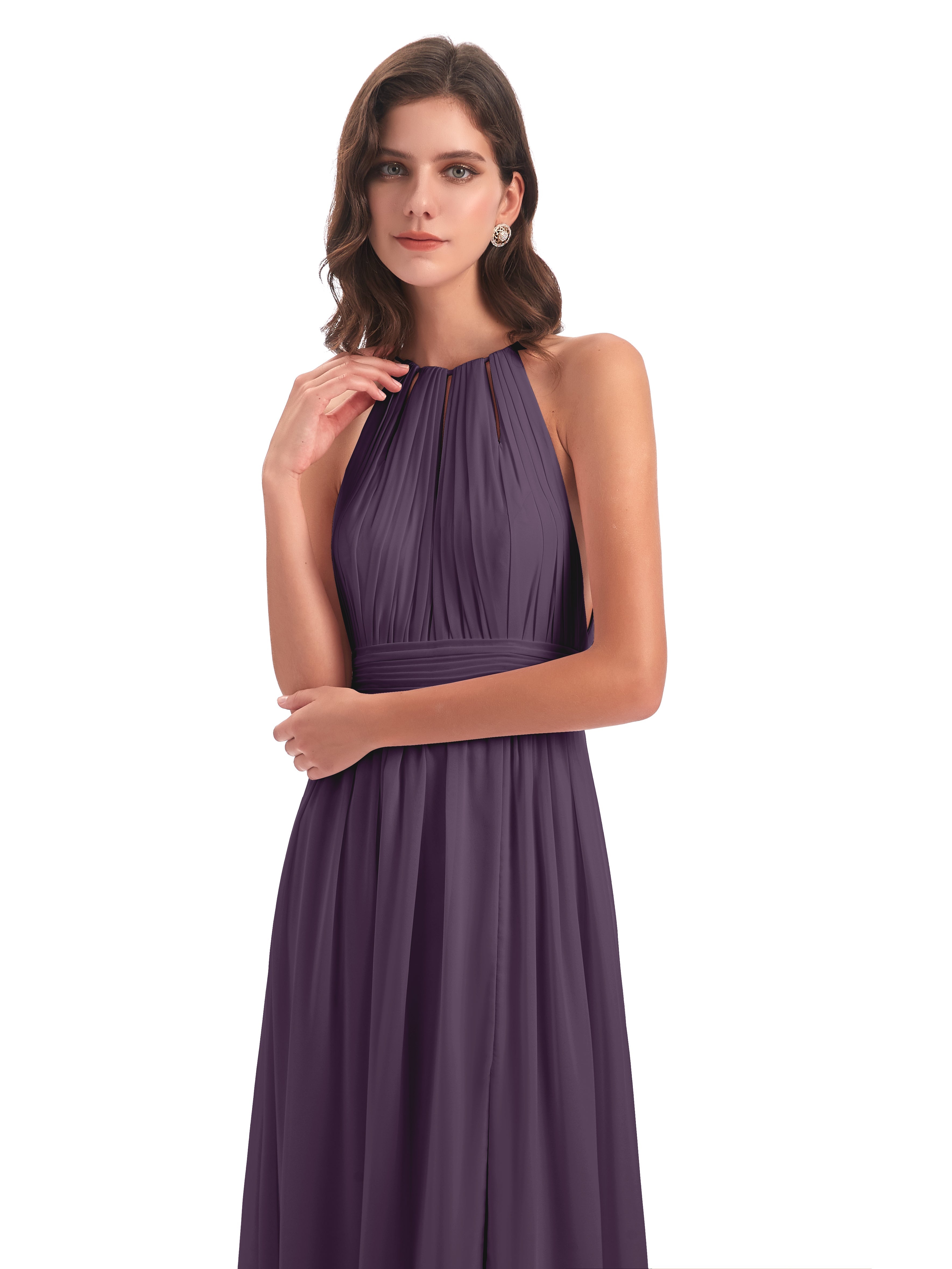 Robe De Demoiselle D'Honneur En Plum Fendue Devant Licou Mousseline Robes Demoiselle D'Honneur