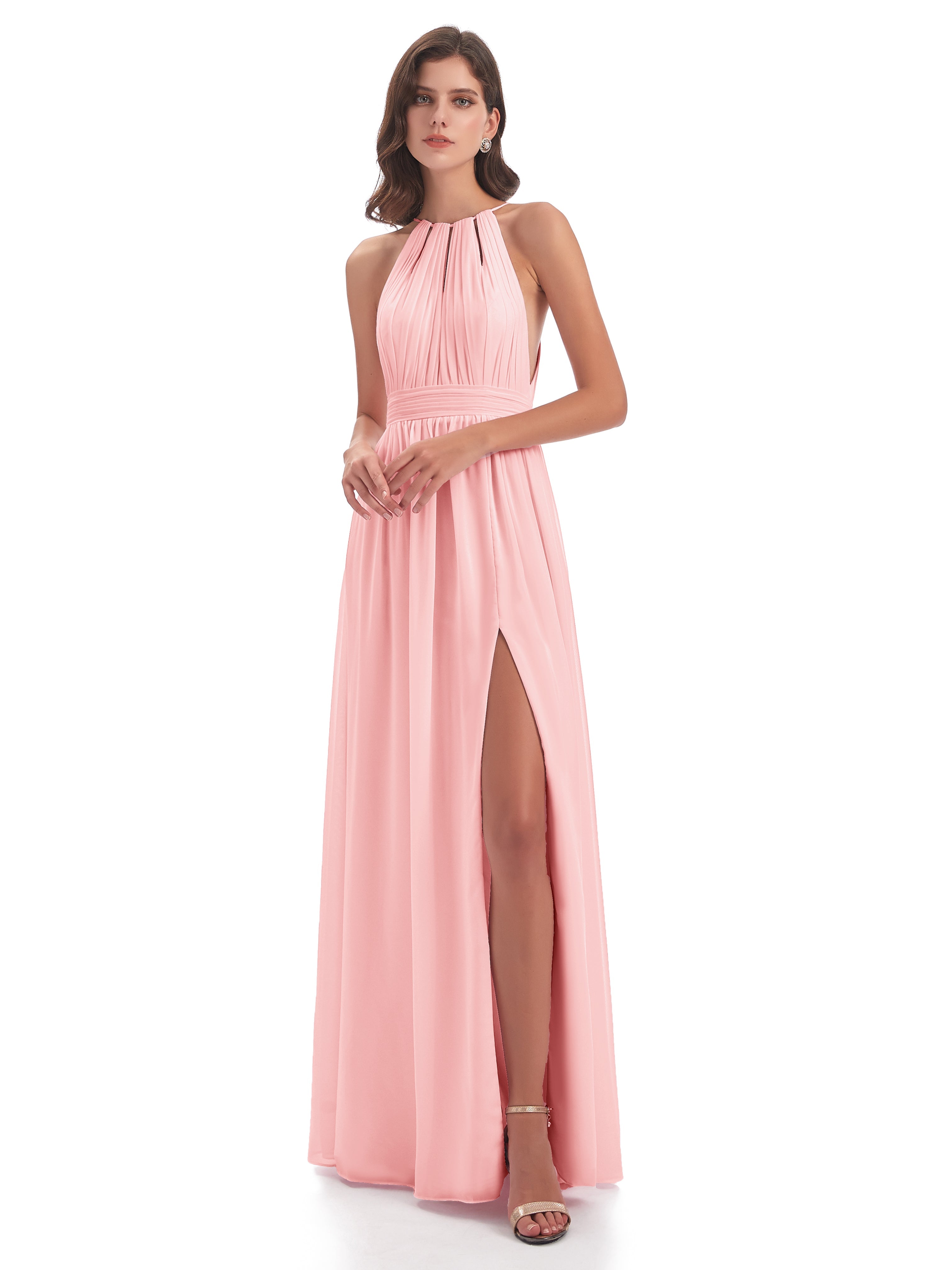 Robes De Demoiselle D'Honneur Roses Longues Fendue Devant Licou Mousseline Robes Demoiselle D'Honneur
