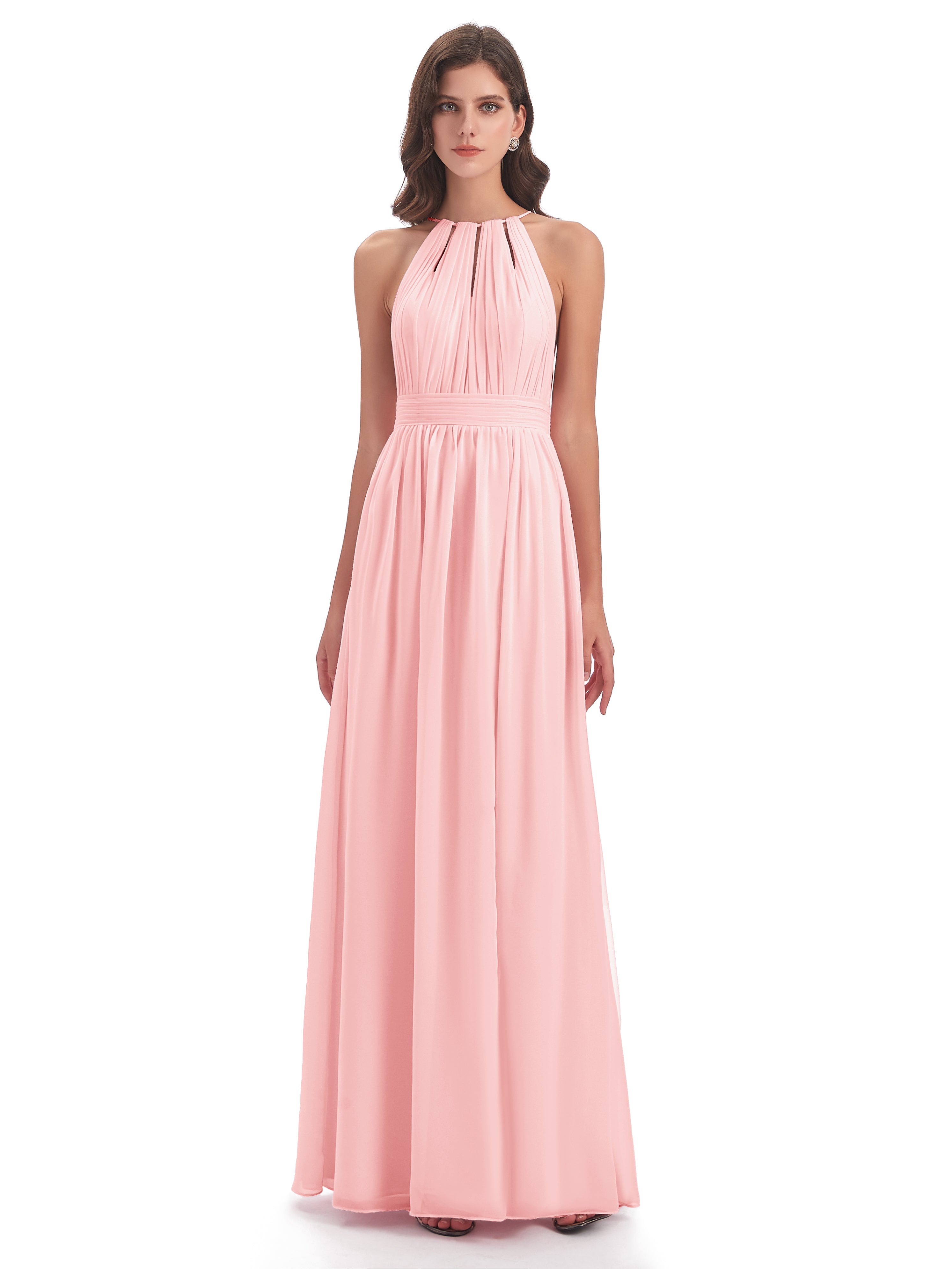 Robes De Demoiselle D'Honneur Roses Longues Fendue Devant Licou Mousseline Robes Demoiselle D'Honneur