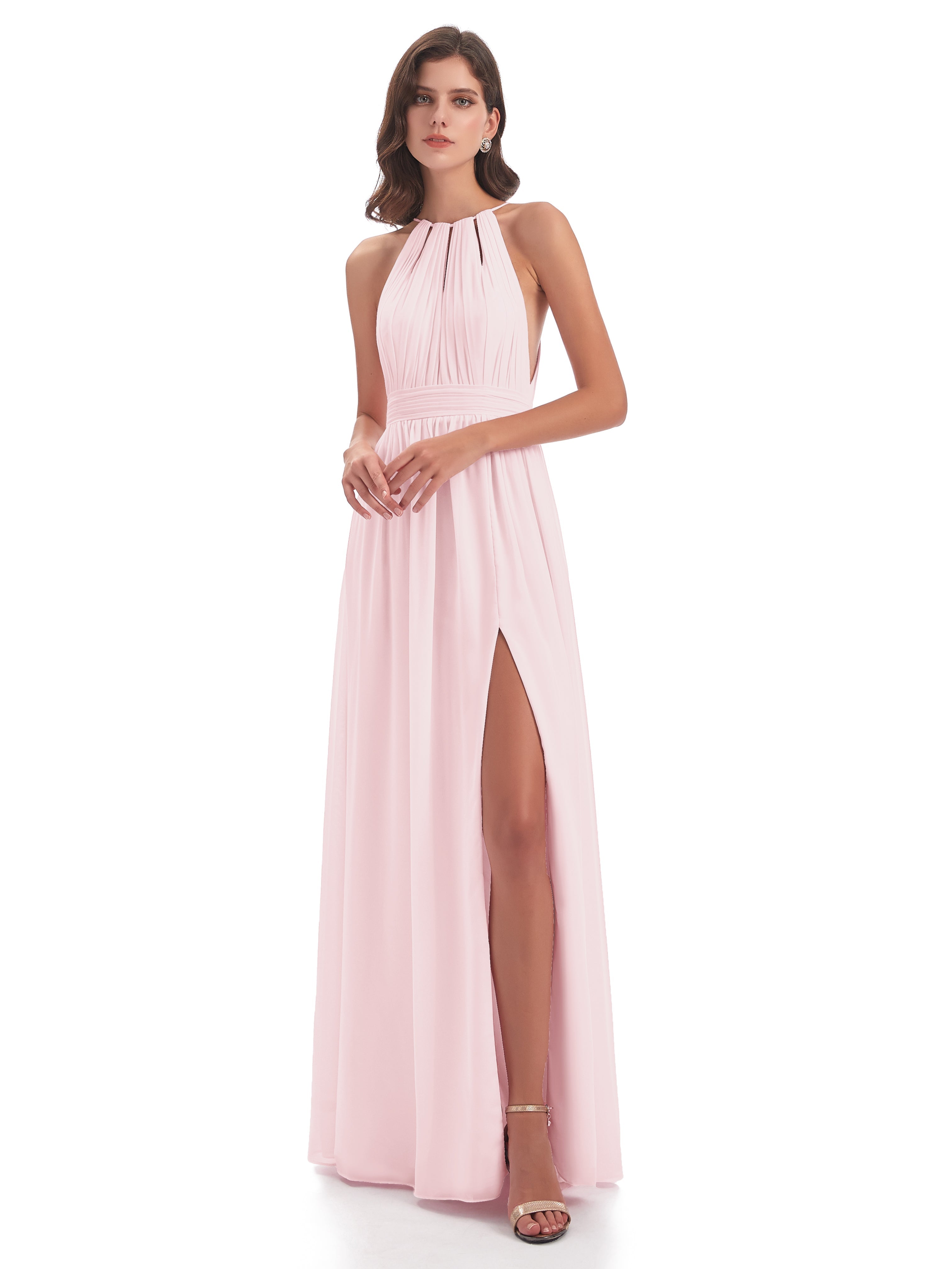 Robe Demoiselle D Honneur Rose Pale Fendue Devant Licou Mousseline Robes Demoiselle D'Honneur