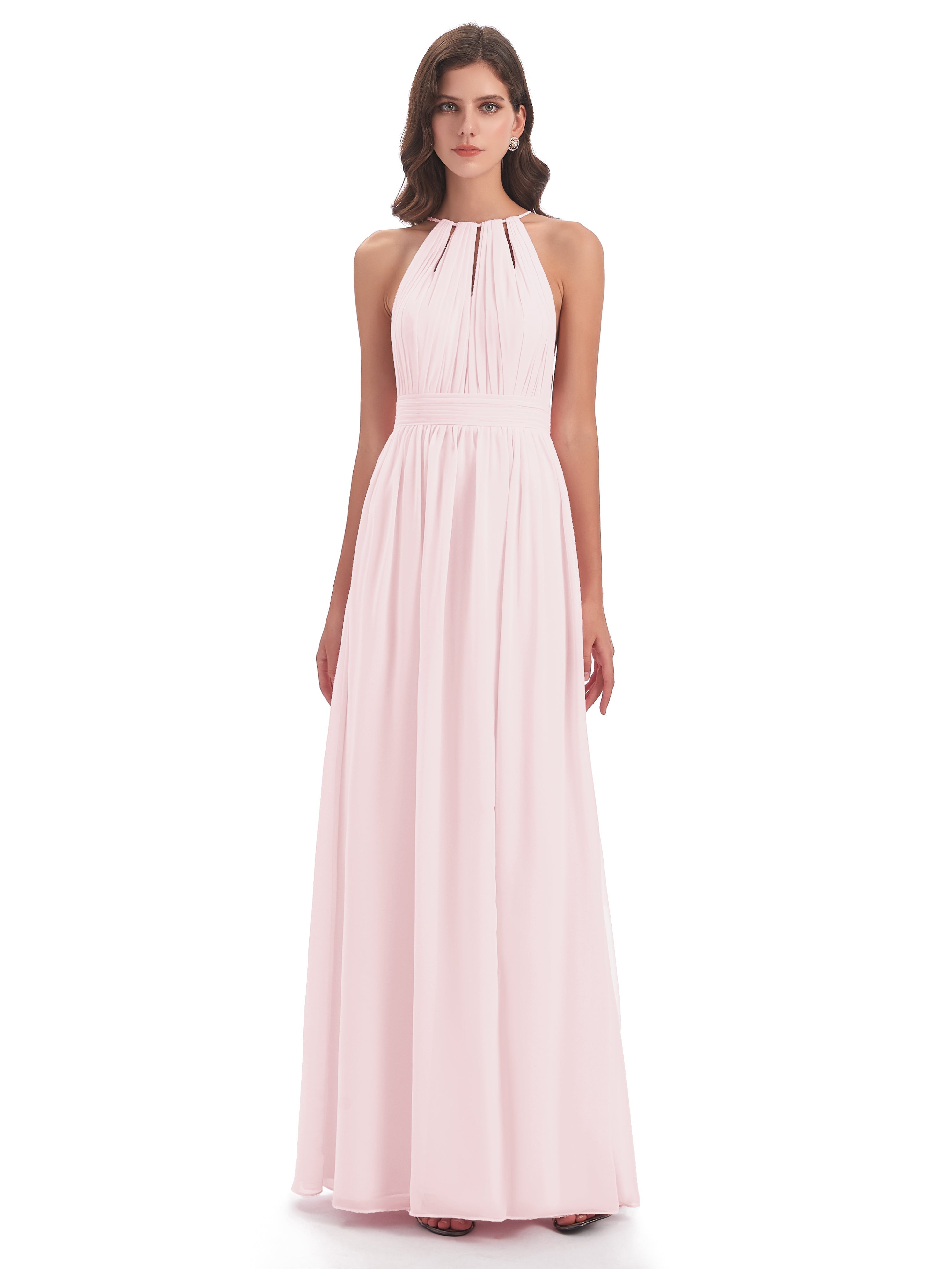 Robe Demoiselle D Honneur Rose Pale Fendue Devant Licou Mousseline Robes Demoiselle D'Honneur