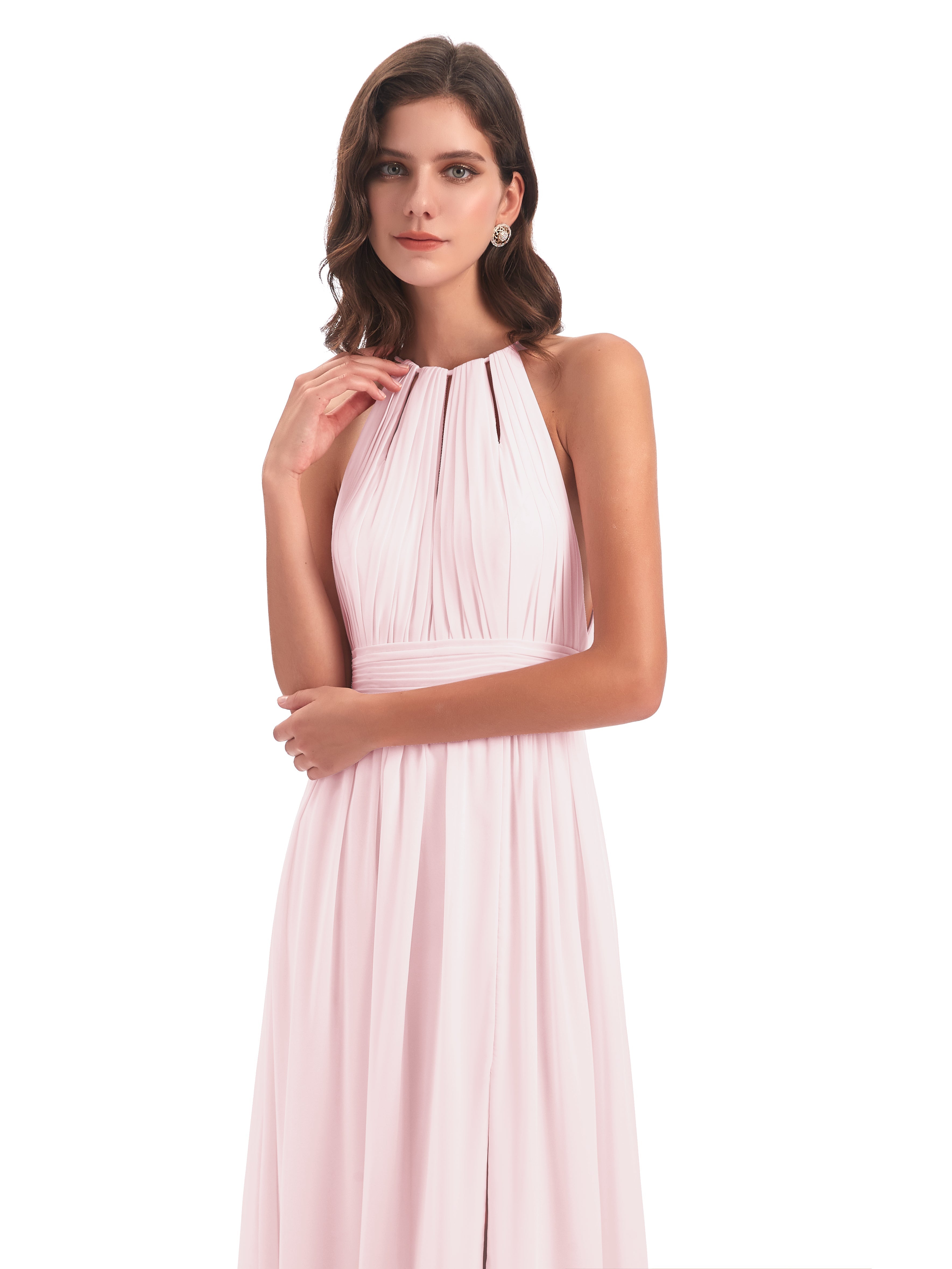 Robe Demoiselle D Honneur Rose Pale Fendue Devant Licou Mousseline Robes Demoiselle D'Honneur