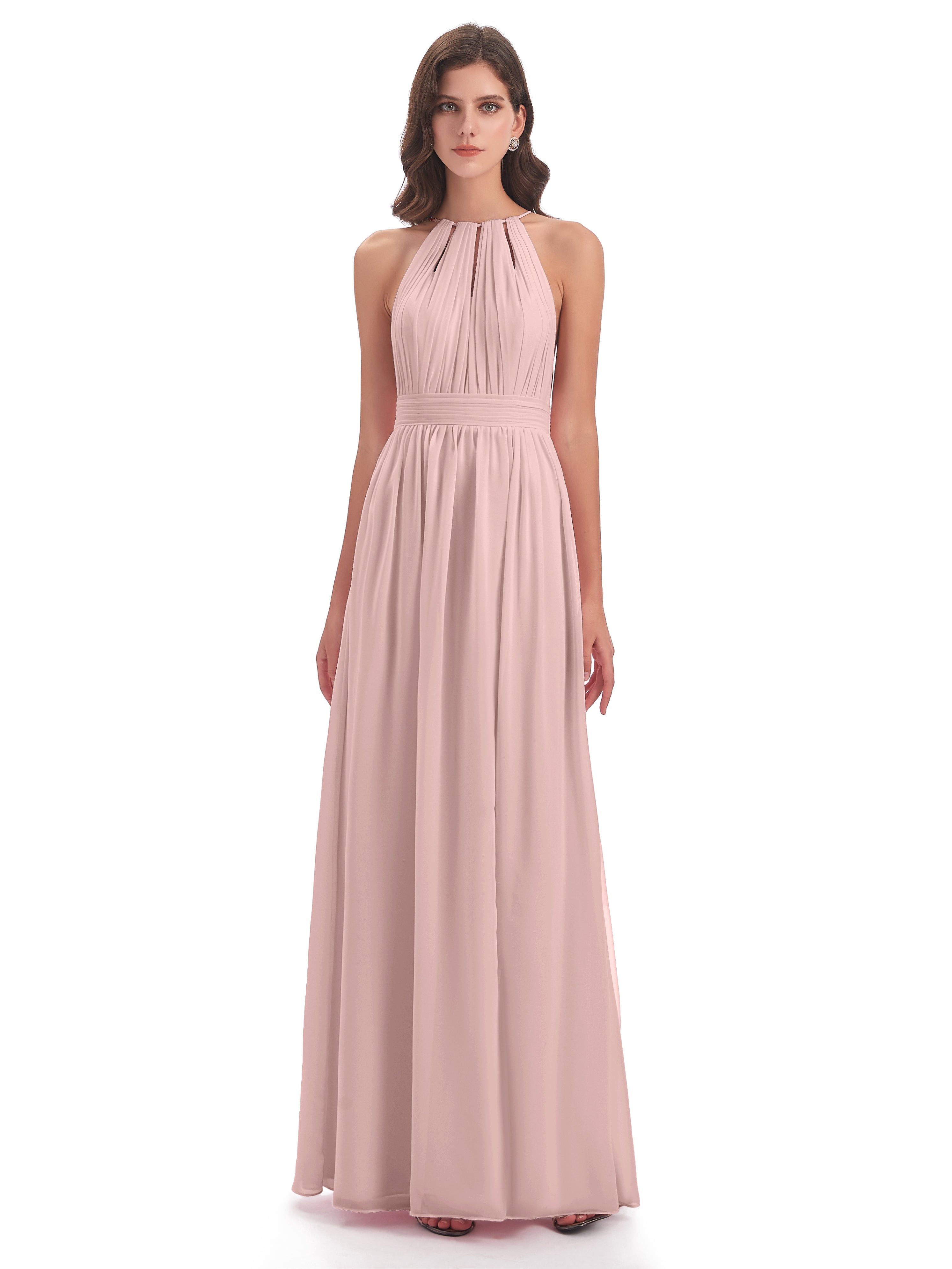 Demoiselle Temoin Robe Rose Poudré Mariage Fendue Devant Licou Mousseline Robes Demoiselle D'Honneur