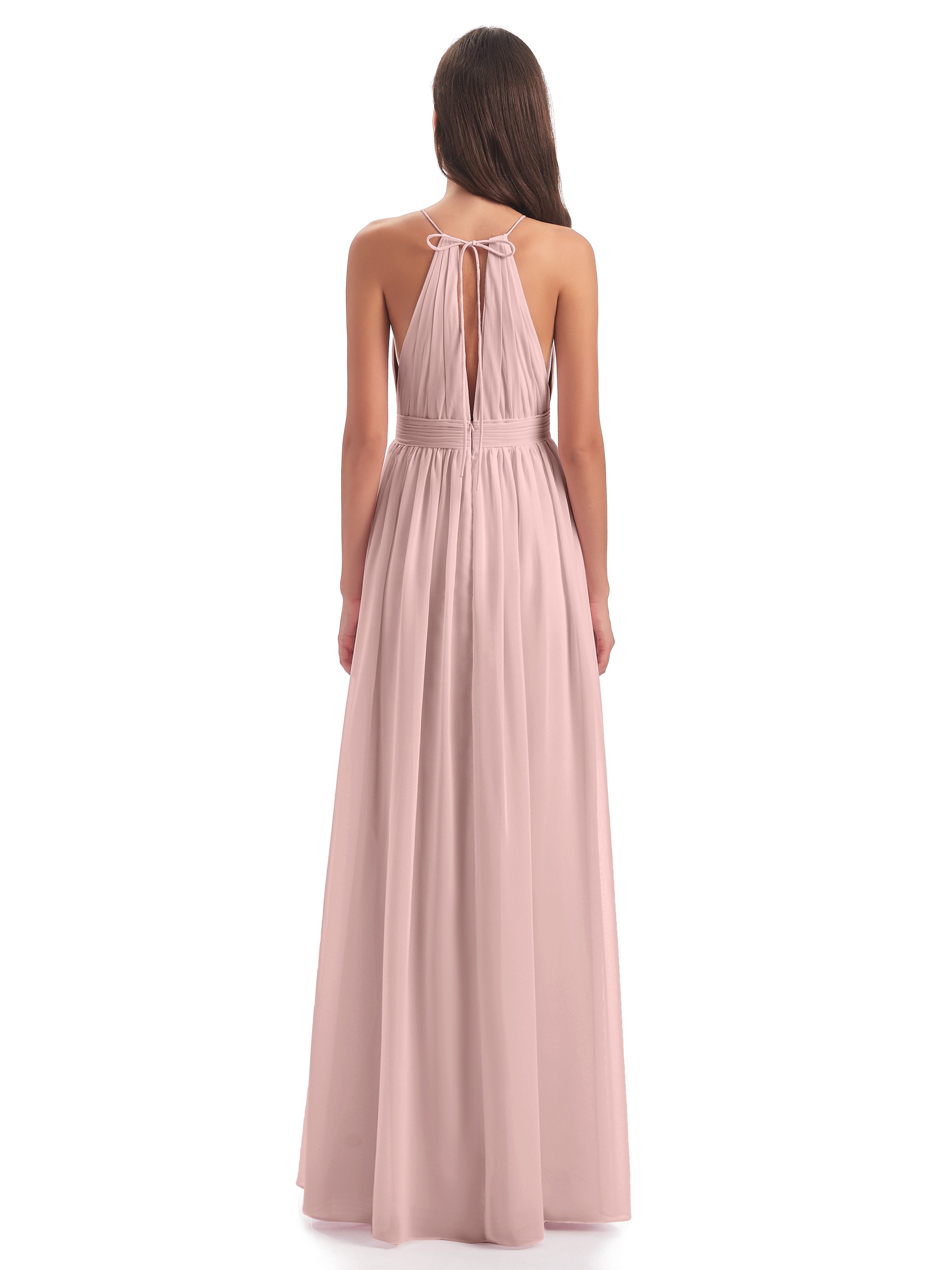 Demoiselle Temoin Robe Rose Poudré Mariage Fendue Devant Licou Mousseline Robes Demoiselle D'Honneur
