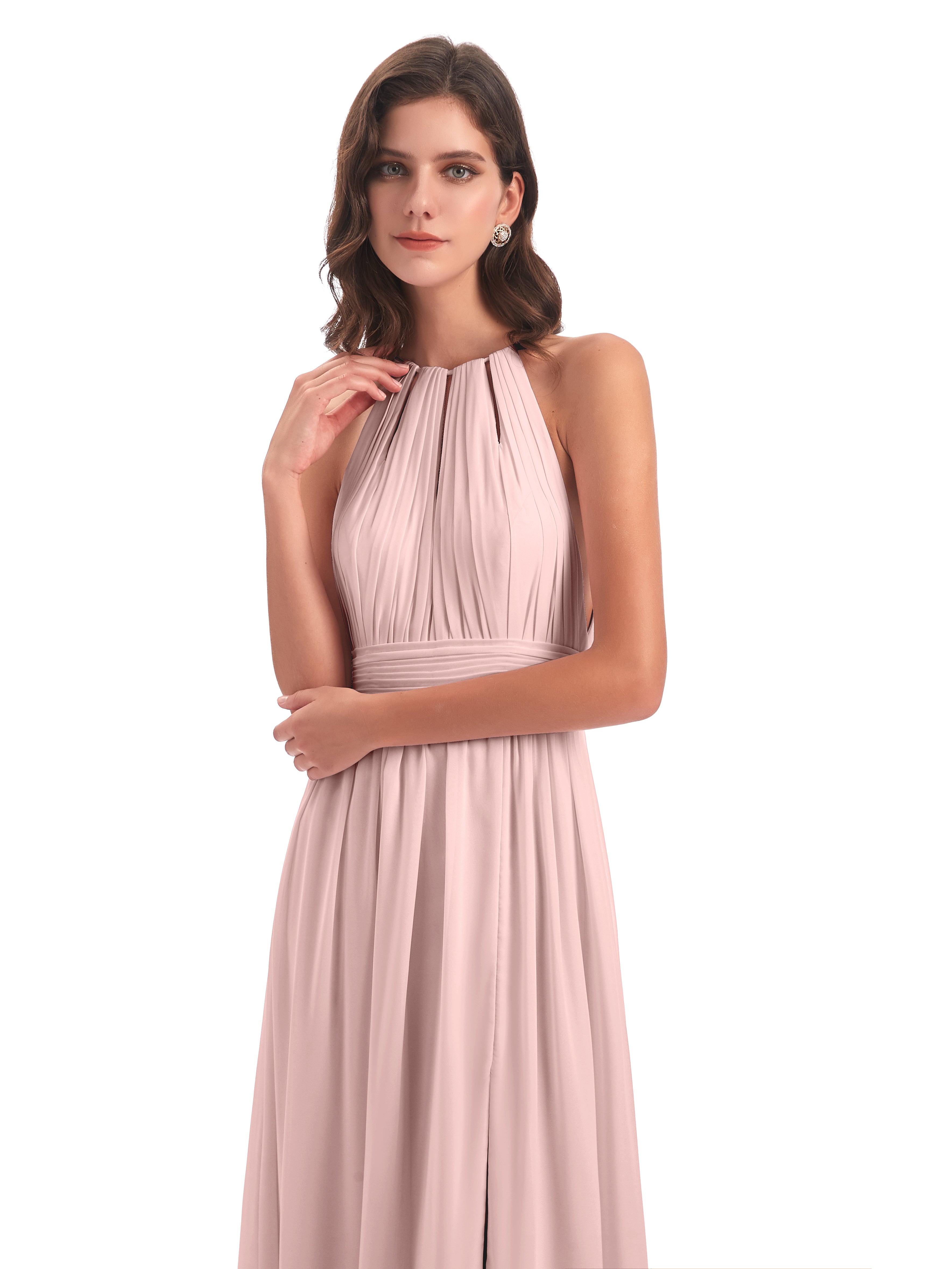 Demoiselle Temoin Robe Rose Poudré Mariage Fendue Devant Licou Mousseline Robes Demoiselle D'Honneur