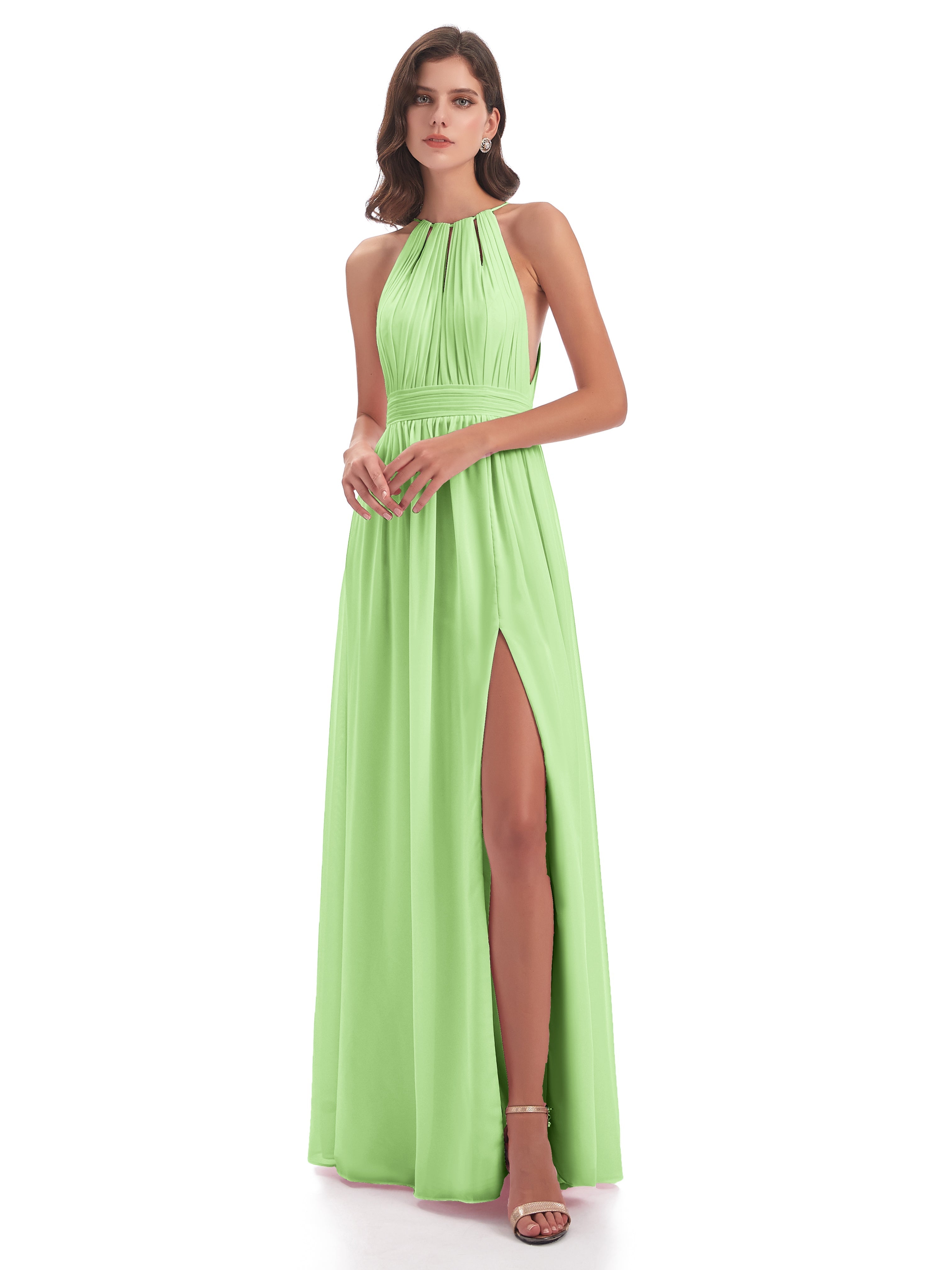Robe Demoiselle D Honneur Verte Sauge Fendue Devant Licou Mousseline Robes Demoiselle D'Honneur