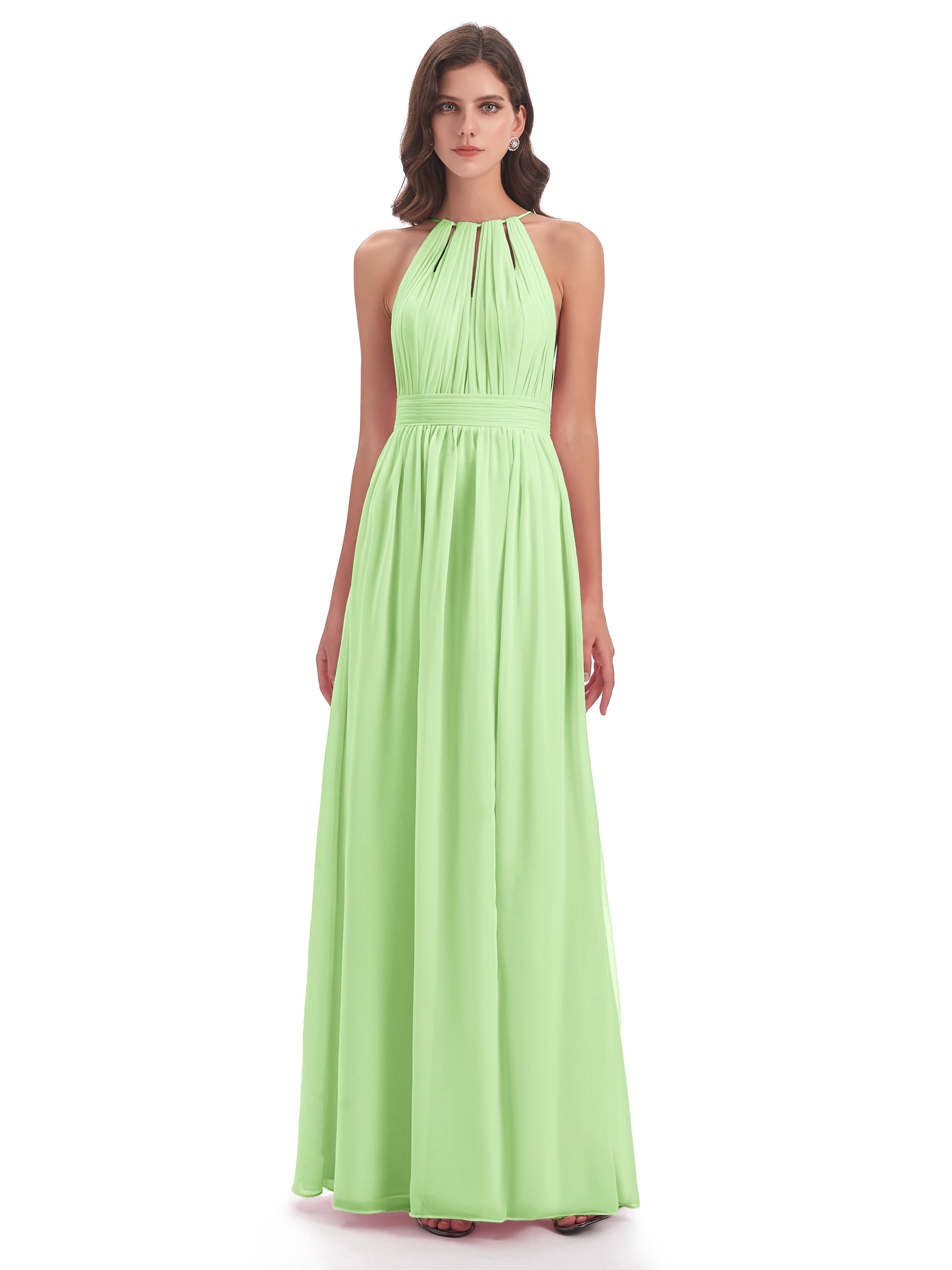 Robe Demoiselle D Honneur Verte Sauge Fendue Devant Licou Mousseline Robes Demoiselle D'Honneur