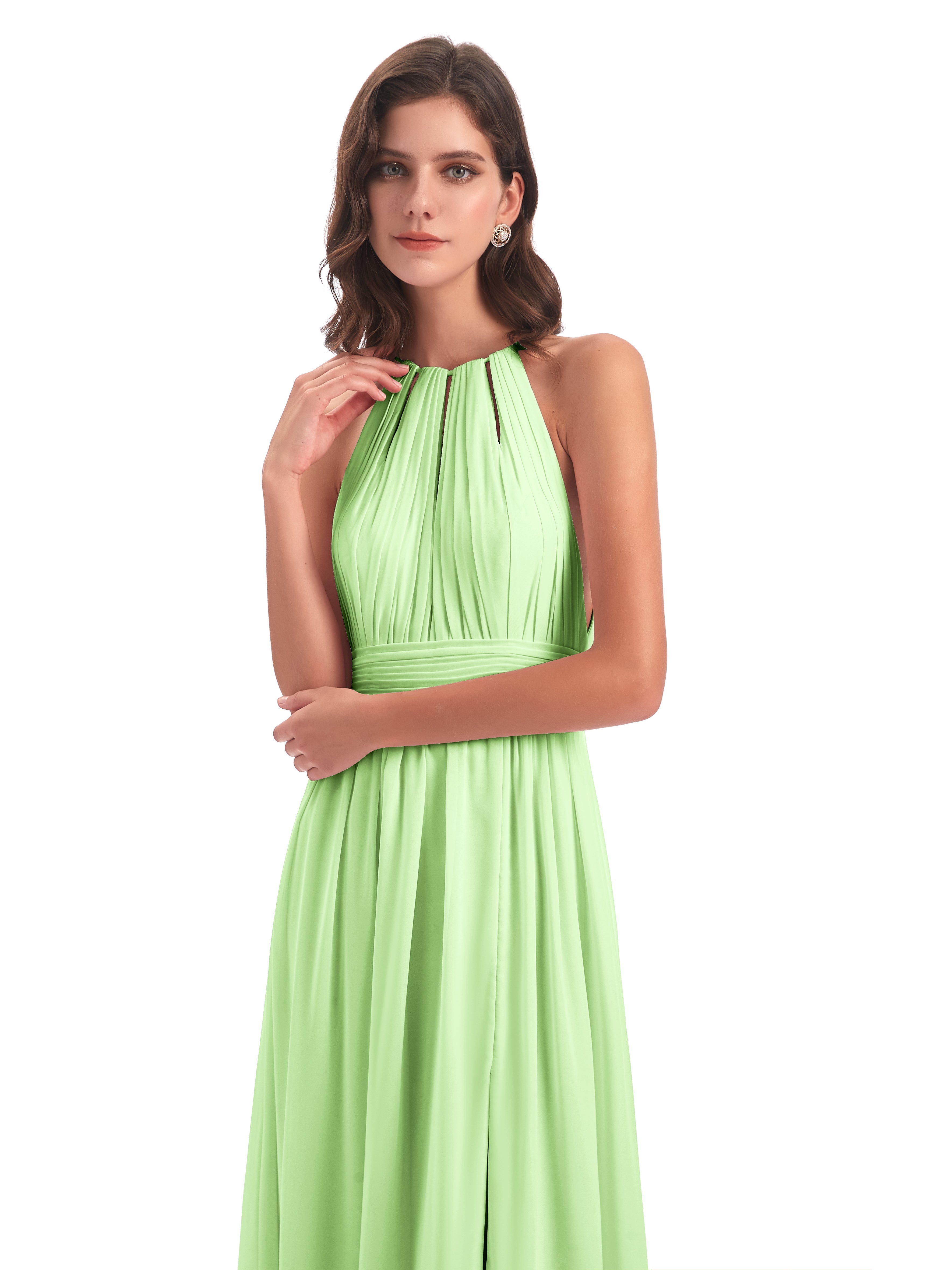 Robe Demoiselle D Honneur Verte Sauge Fendue Devant Licou Mousseline Robes Demoiselle D'Honneur