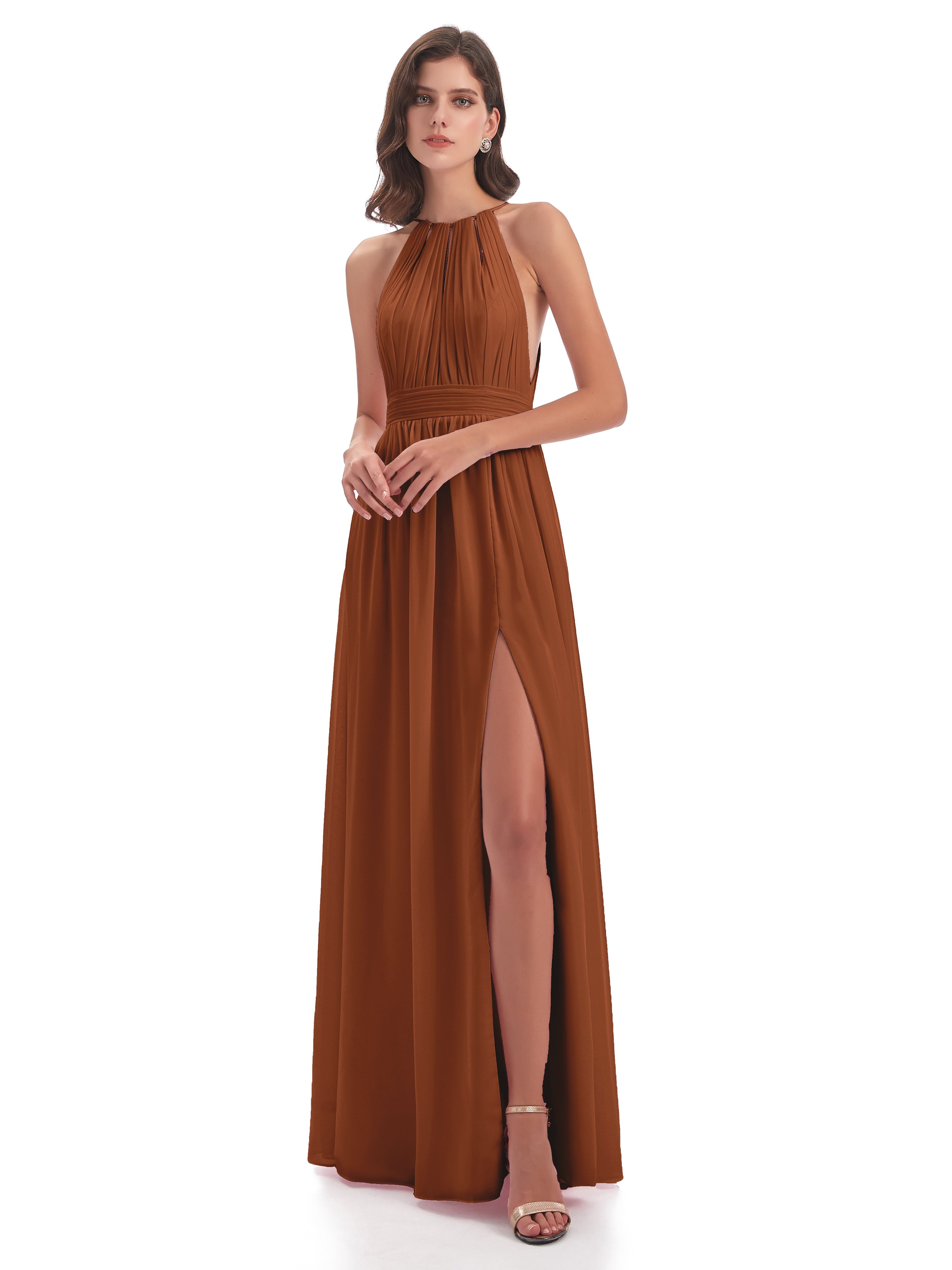 Rouille Robe Demoiselle D Honneur Terracotta Fendue Devant Licou Mousseline Robes Demoiselle D'Honneur