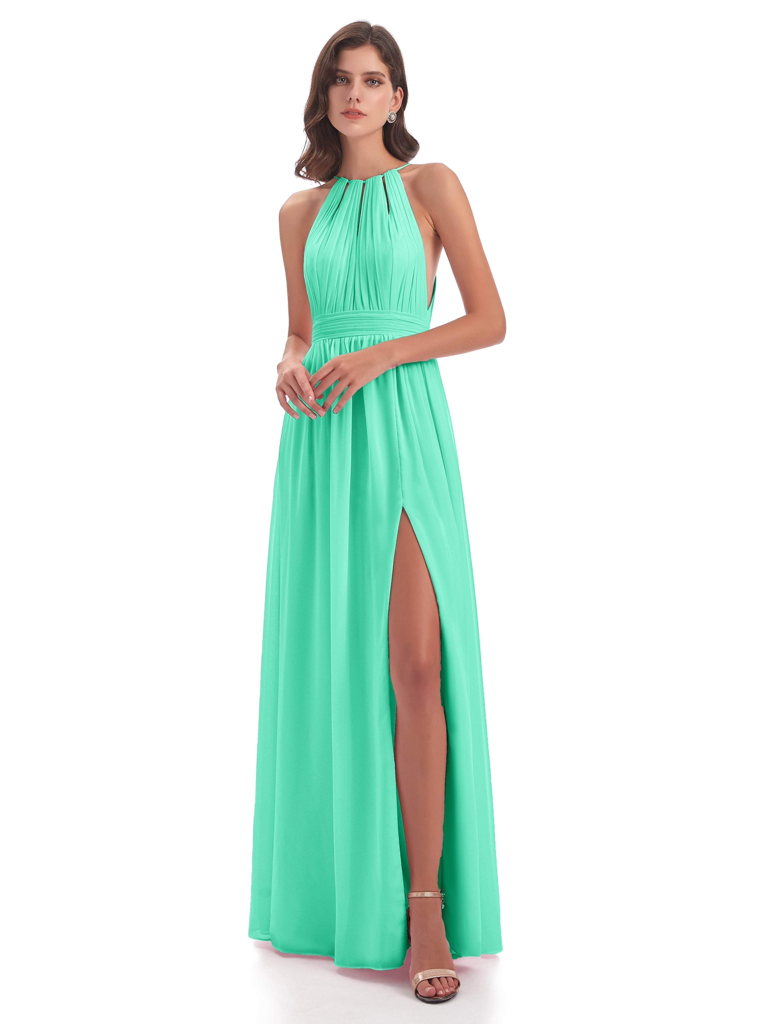 Robe Bleu Turquoise Demoiselle D Honneur Fendue Devant Licou Mousseline Robes Demoiselle D'Honneur