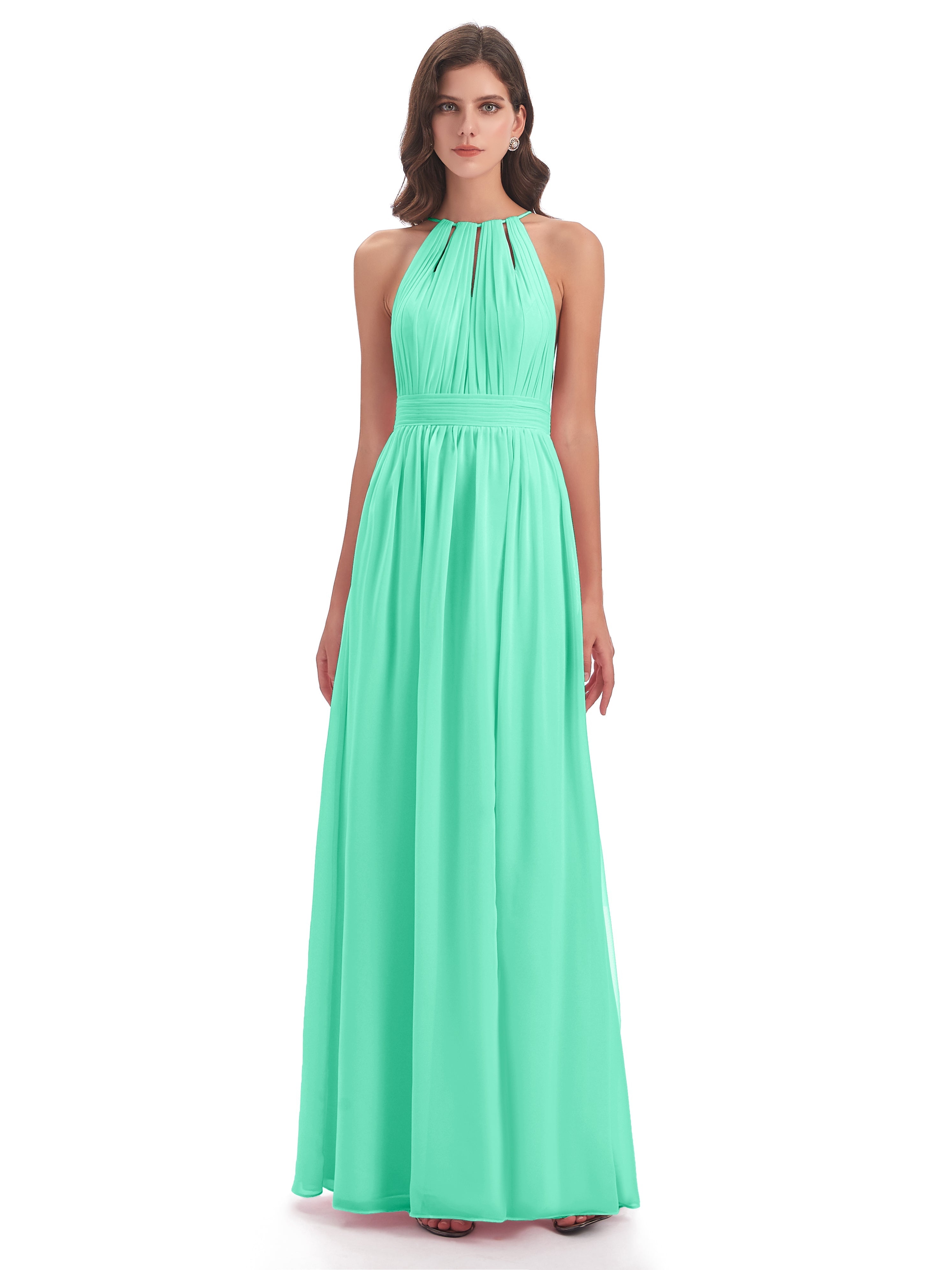 Robe Bleu Turquoise Demoiselle D Honneur Fendue Devant Licou Mousseline Robes Demoiselle D'Honneur
