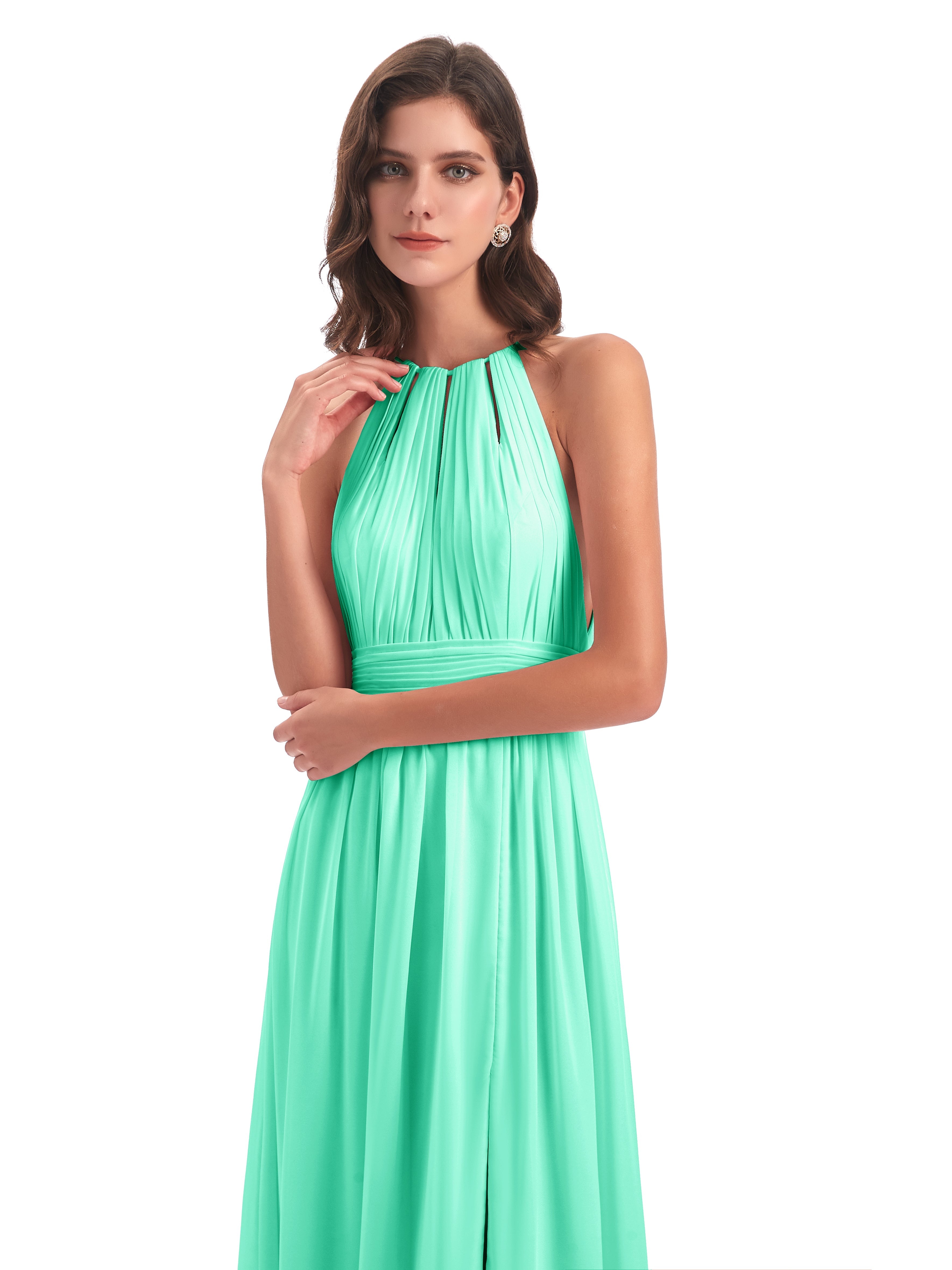 Robe Bleu Turquoise Demoiselle D Honneur Fendue Devant Licou Mousseline Robes Demoiselle D'Honneur