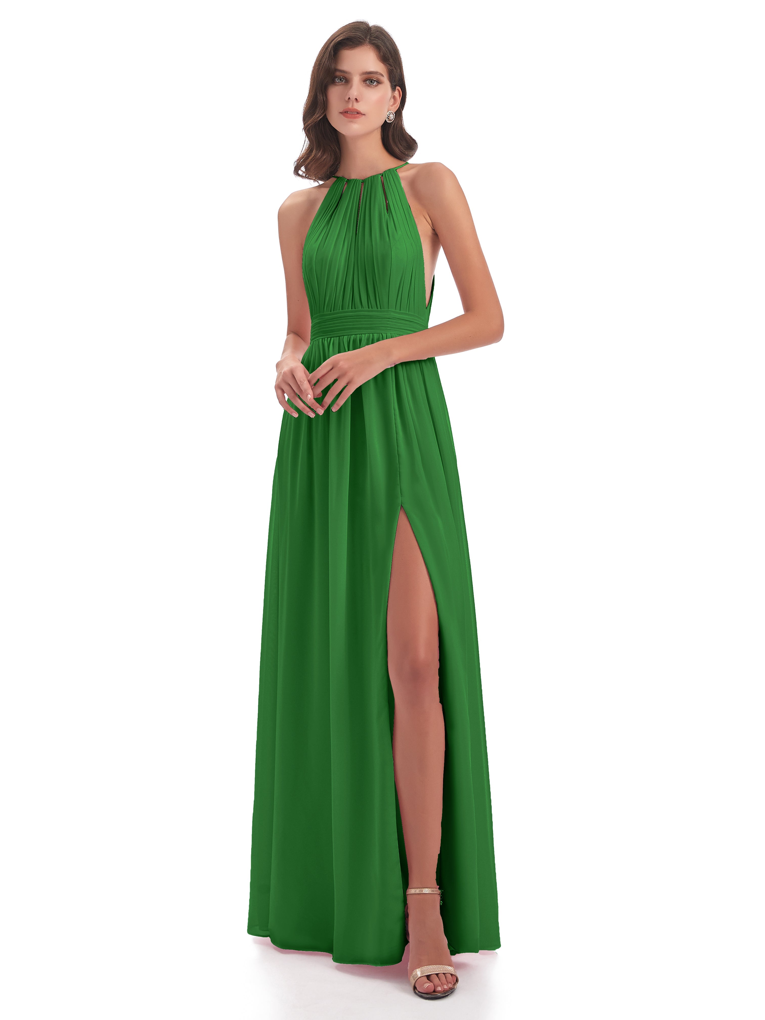 Robes De Demoiselle D'Honneur Vert Forêt Fendue Devant Licou Mousseline Robes Demoiselle D'Honneur