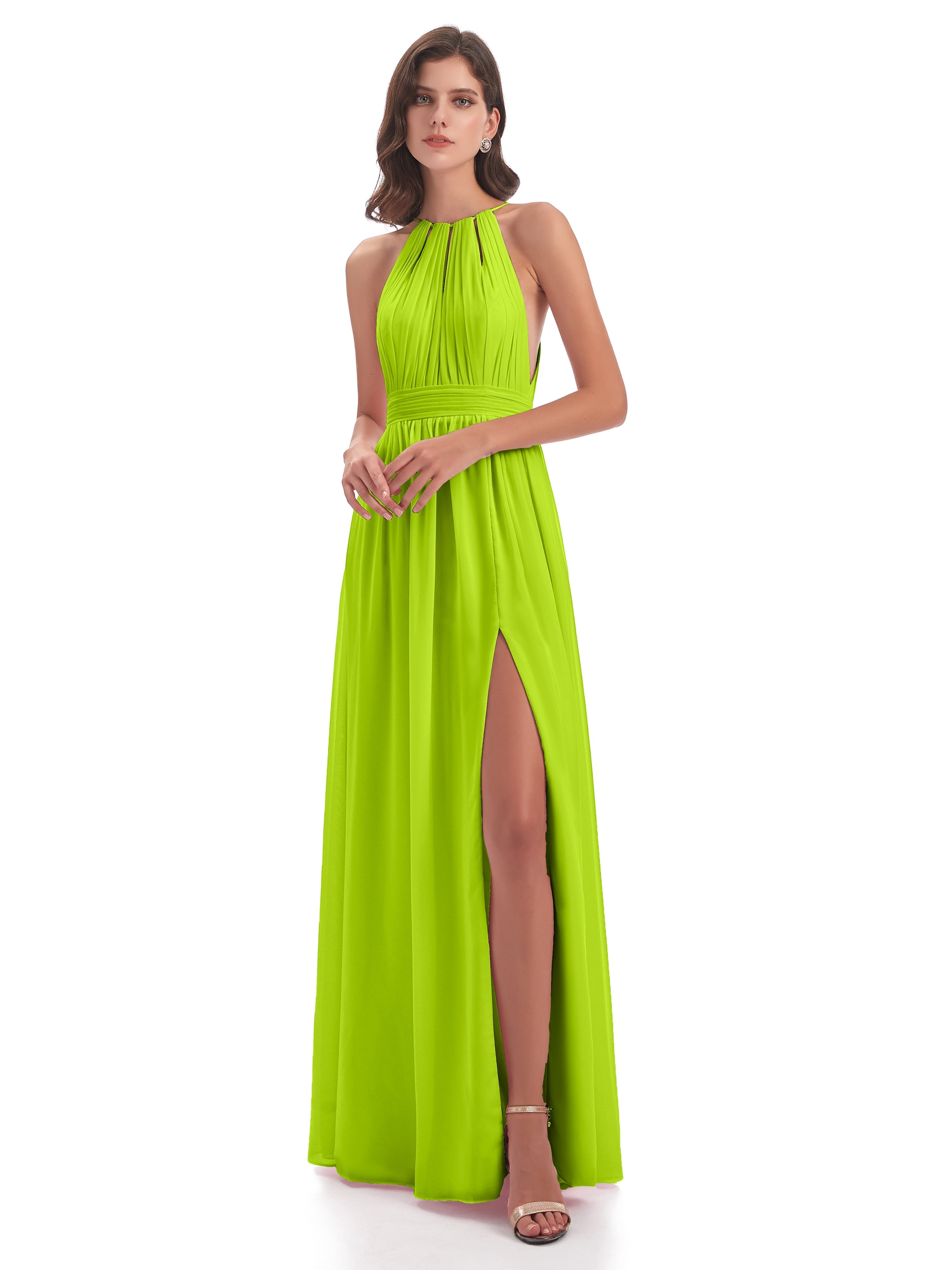 Robes De Demoiselle D'Honneur Vert Citron Fendue Devant Licou Mousseline Robes Demoiselle D'Honneur