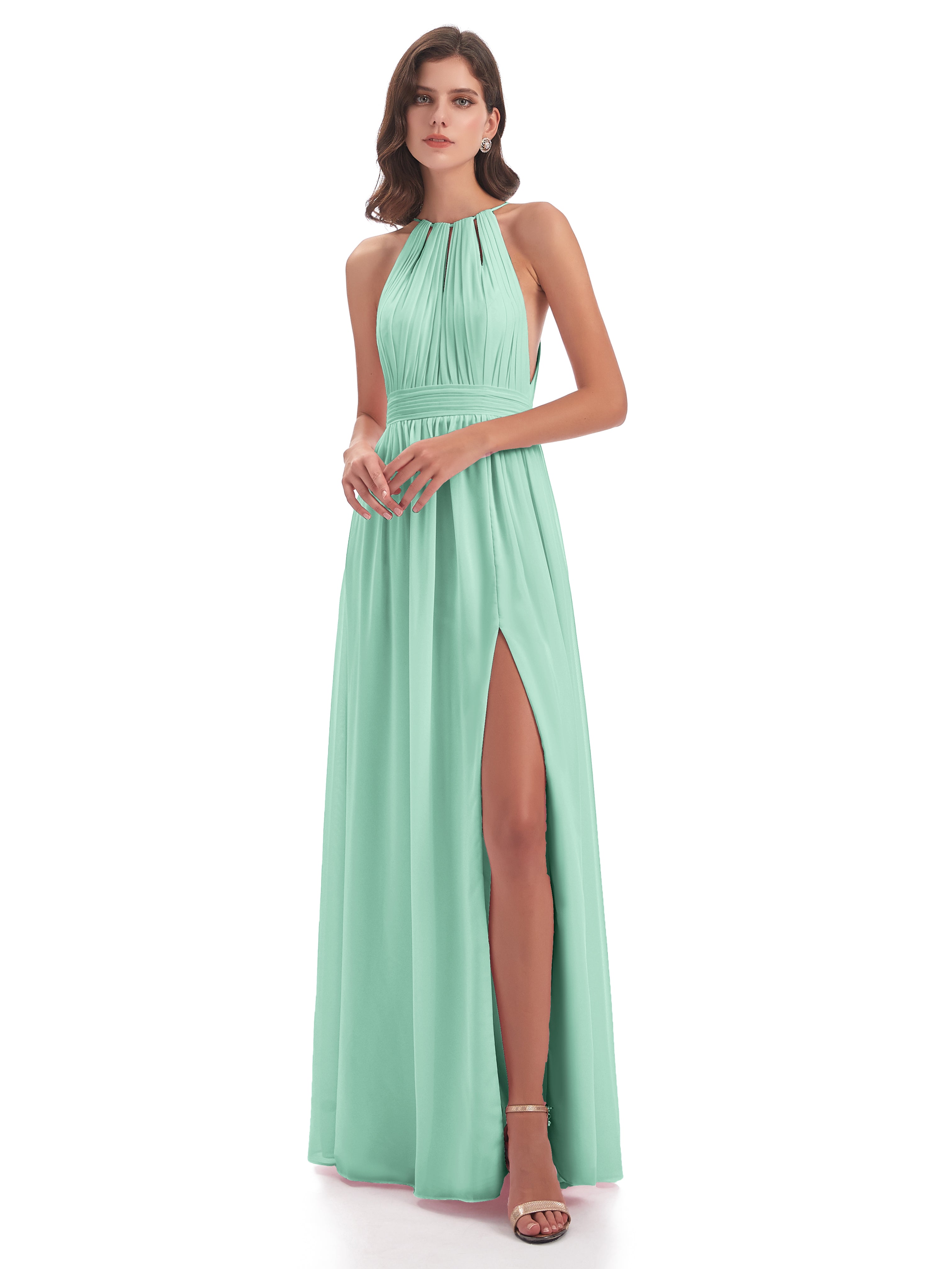Robe Vert Menthe Demoiselle D Honneur Fendue Devant Licou Mousseline Robes Demoiselle D'Honneur