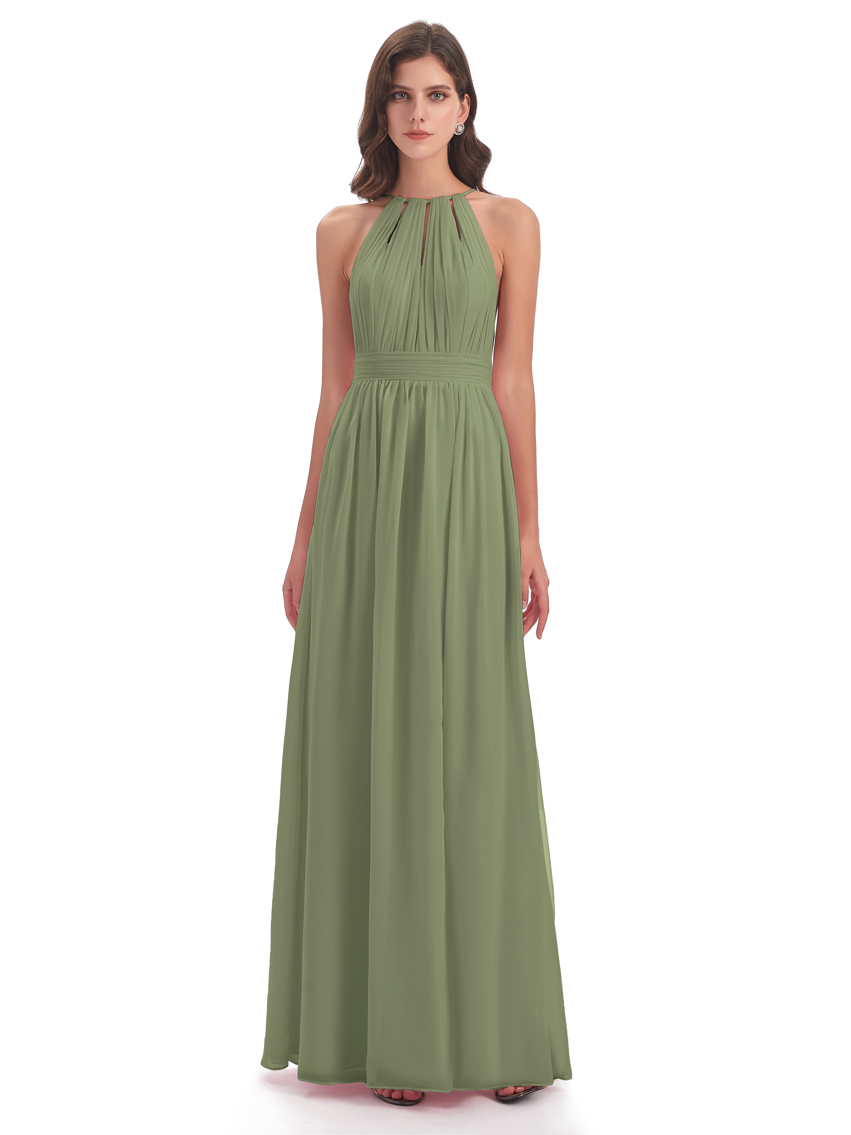 Robe Demoiselle D Honneur Olive Fendue Devant Licou Mousseline Robes Demoiselle D'Honneur