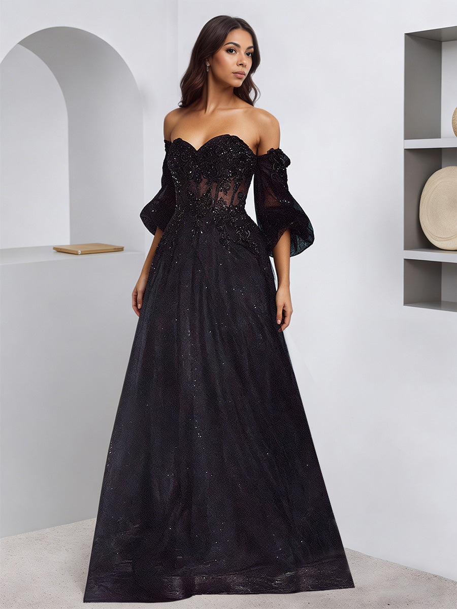 Cicinia Robe de Soirée Noir Décolleté Cœur sans Bretelles Taille Transparente Fluide à Manches Amovibles