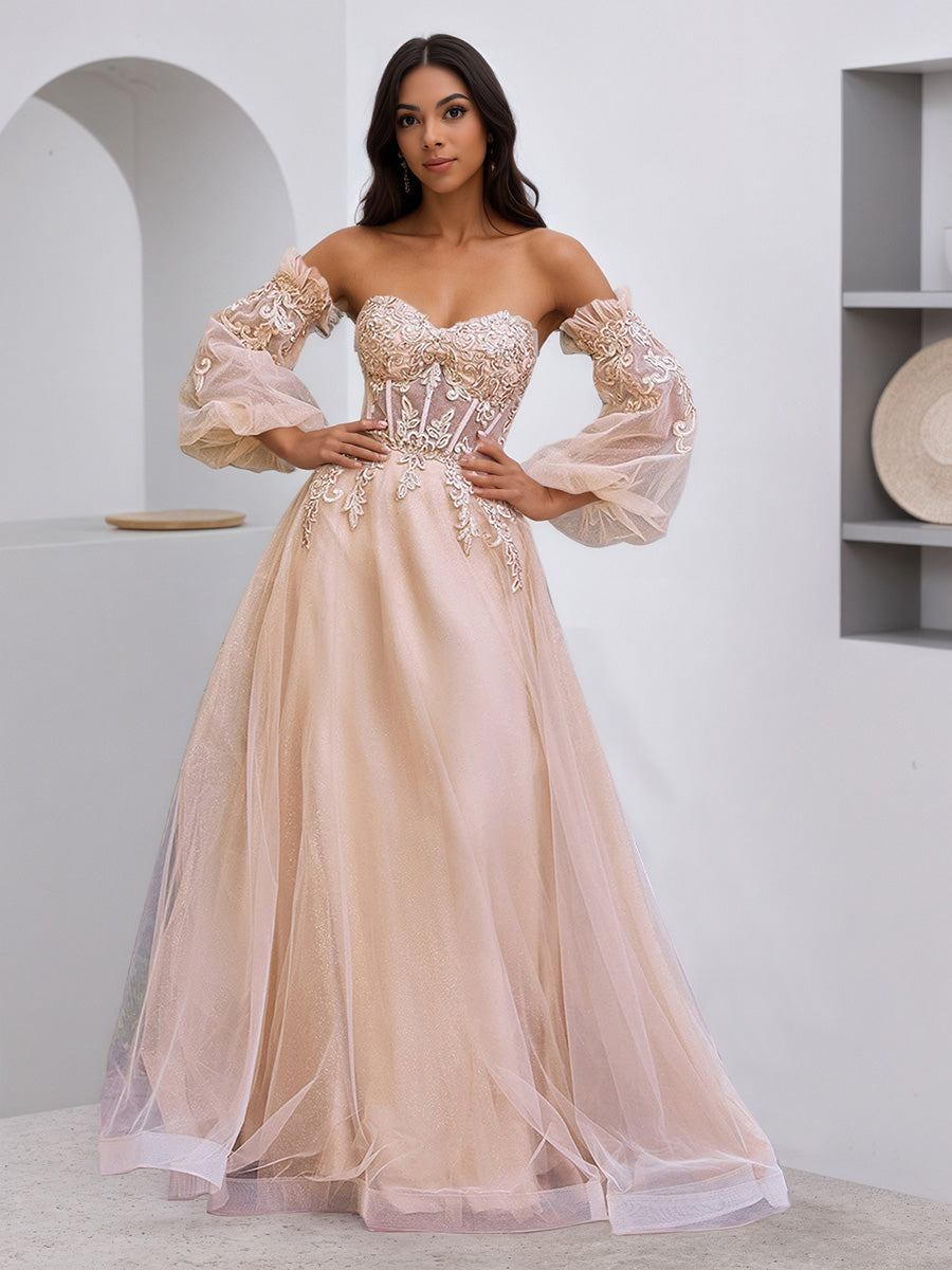 Cicinia Robe de Soirée Champagne Décolleté Cœur sans Bretelles Taille Transparente Fluide à Manches Amovibles