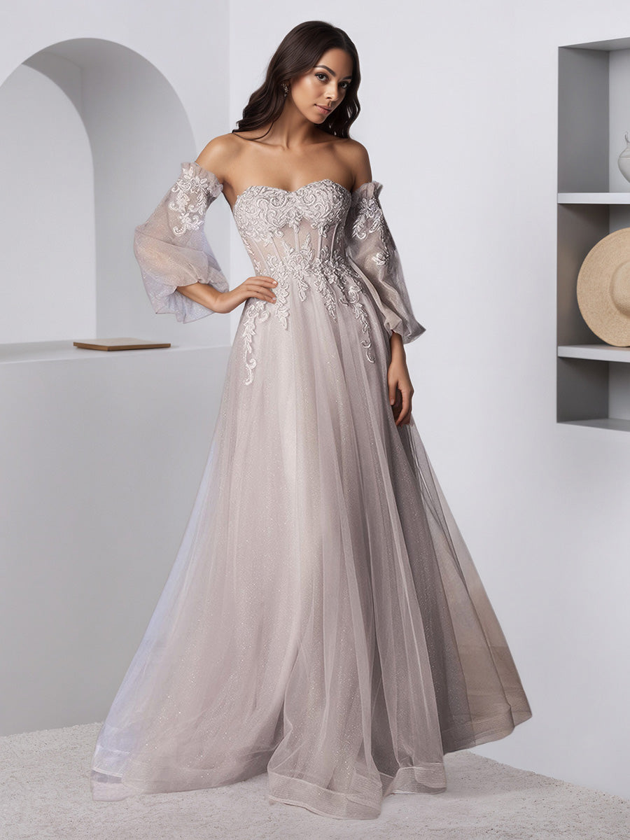 Cicinia Robe de Soirée Argentée Décolleté Cœur sans Bretelles Taille Transparente Fluide à Manches Amovibles