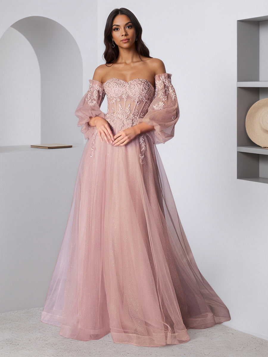 Cicinia Rose Poussiéreux Robe de Soirée Décolleté Cœur sans Bretelles Taille Transparente Fluide à Manches Amovibles