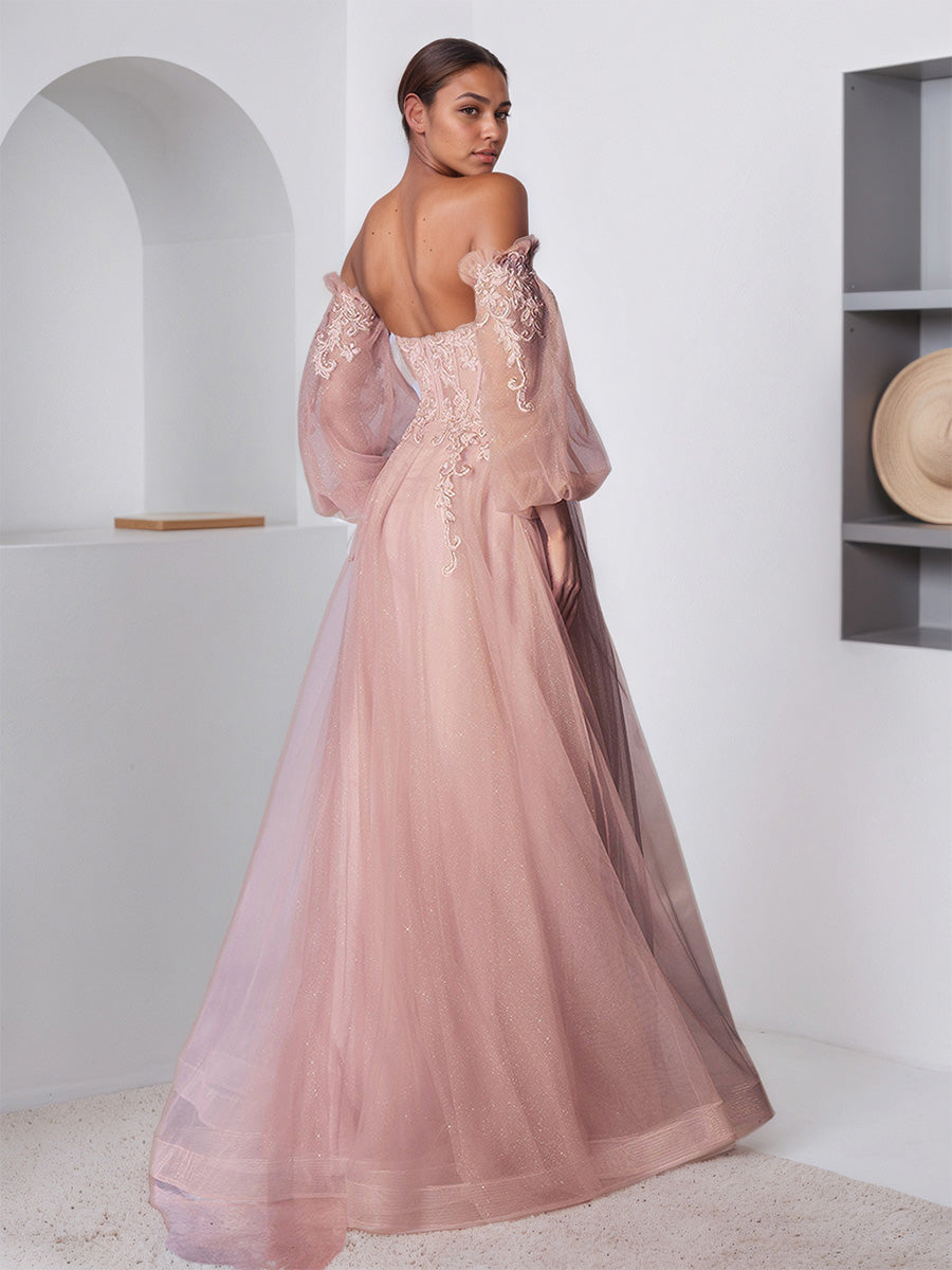 Cicinia Rose Poussiéreux Robe de Soirée Décolleté Cœur sans Bretelles Taille Transparente Fluide à Manches Amovibles