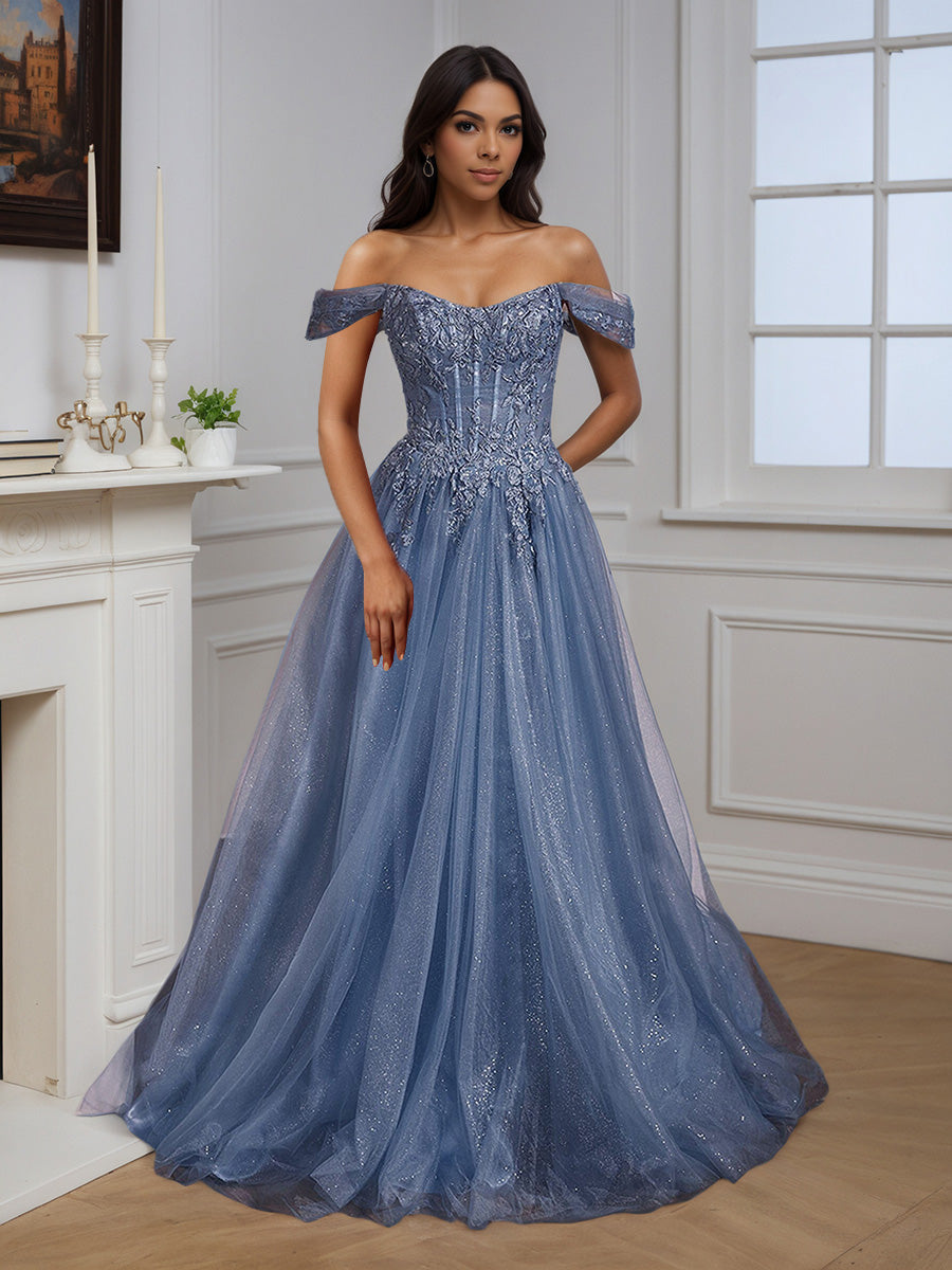 Cicinia Bleu Poussiéreux Robe de Soirée A-Line Épaules Dénudées Appliqués avec Fente Spectaculaire