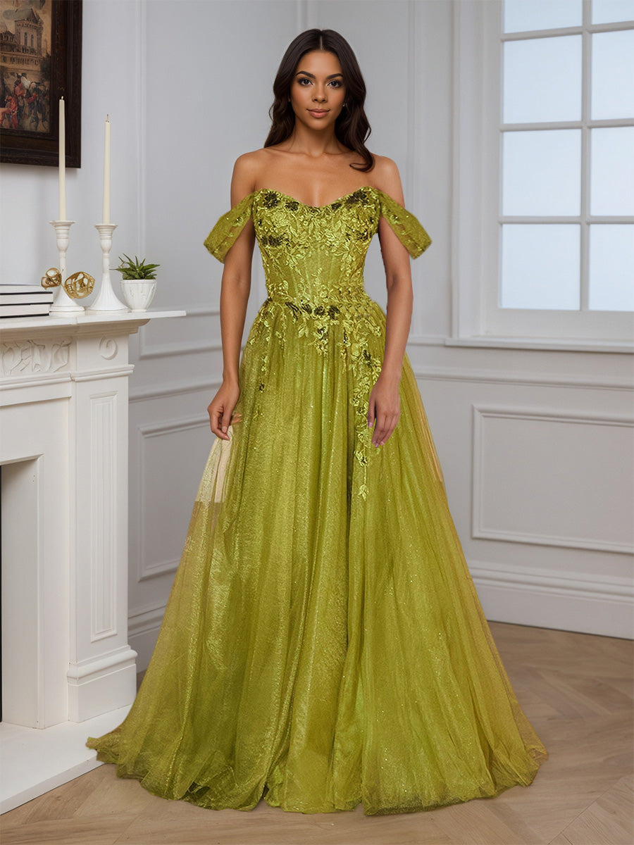 Cicinia Robe de Soirée TREFLE A-Line Épaules Dénudées Appliqués avec Fente Spectaculaire
