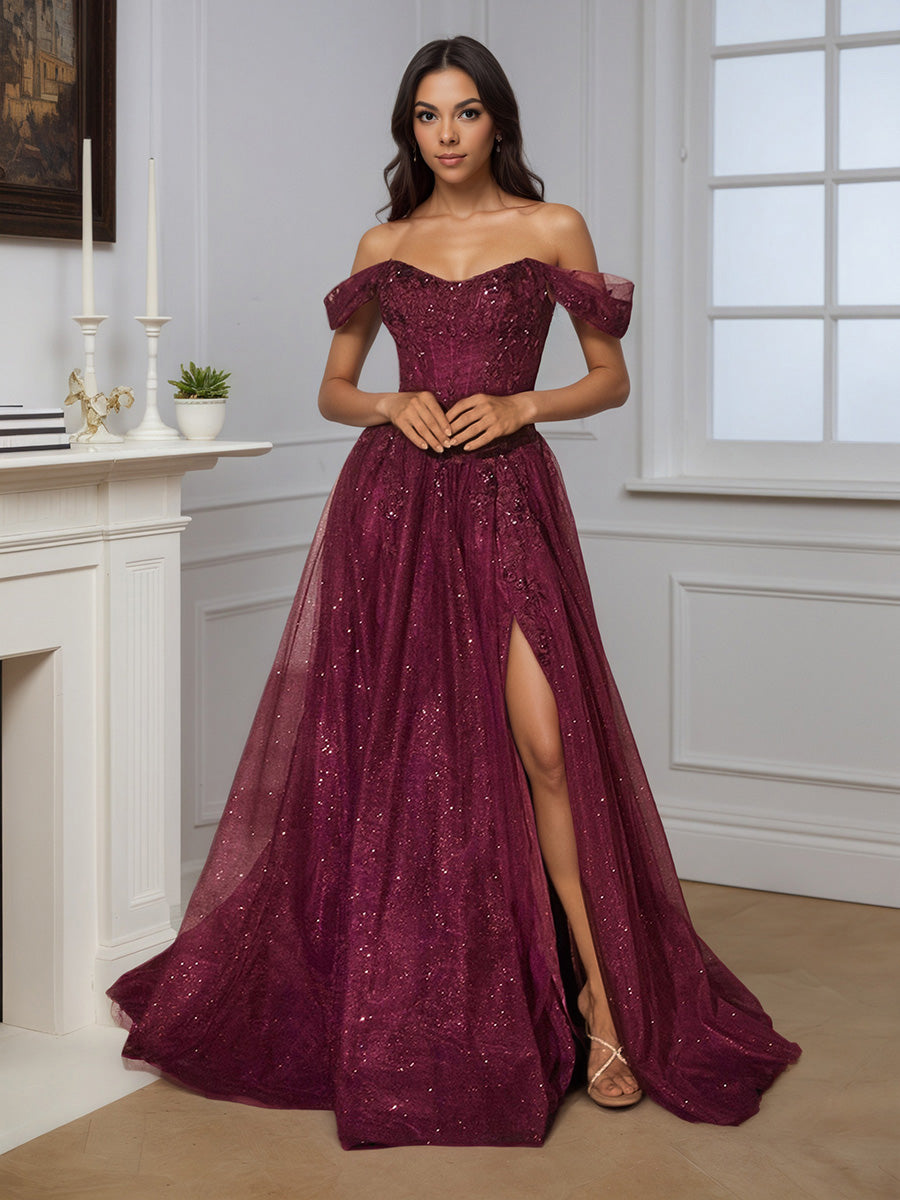 Cicinia Robe de Soirée BORDEAUX A-Line Épaules Dénudées Appliqués avec Fente Spectaculaire