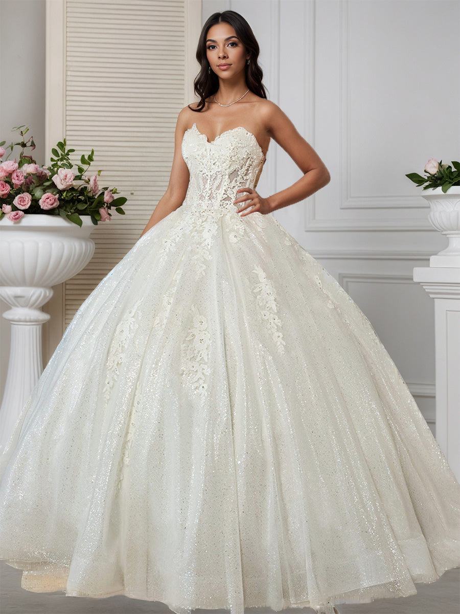 Cicinia Robe de Mariée sans Bretelles sans Manches Perlé Appliqués Traîne Balayée Travail Orné Exquise