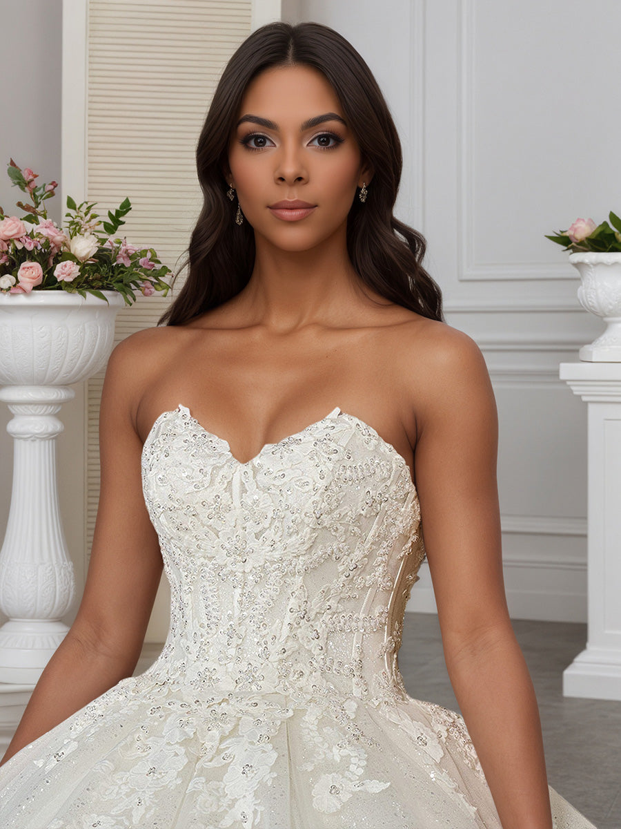 Cicinia Robe de Mariée sans Bretelles sans Manches Perlé Appliqués Traîne Balayée Travail Orné Exquise