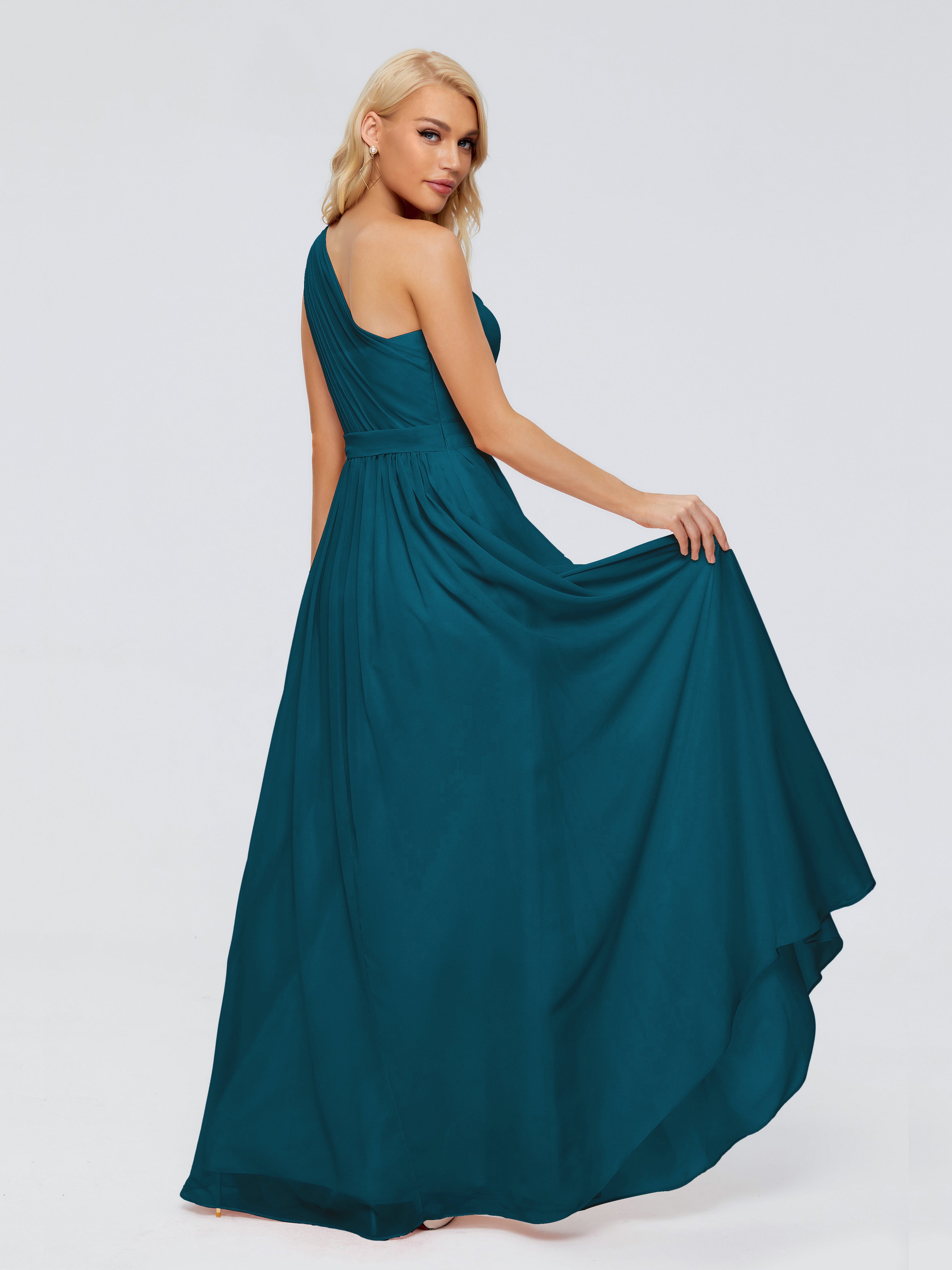 Robe De Demoiselle D'Honneur Bleu Encre Trapèze Seule-Épaule Ruban Mousseline Robes Demoiselle D'Honneur