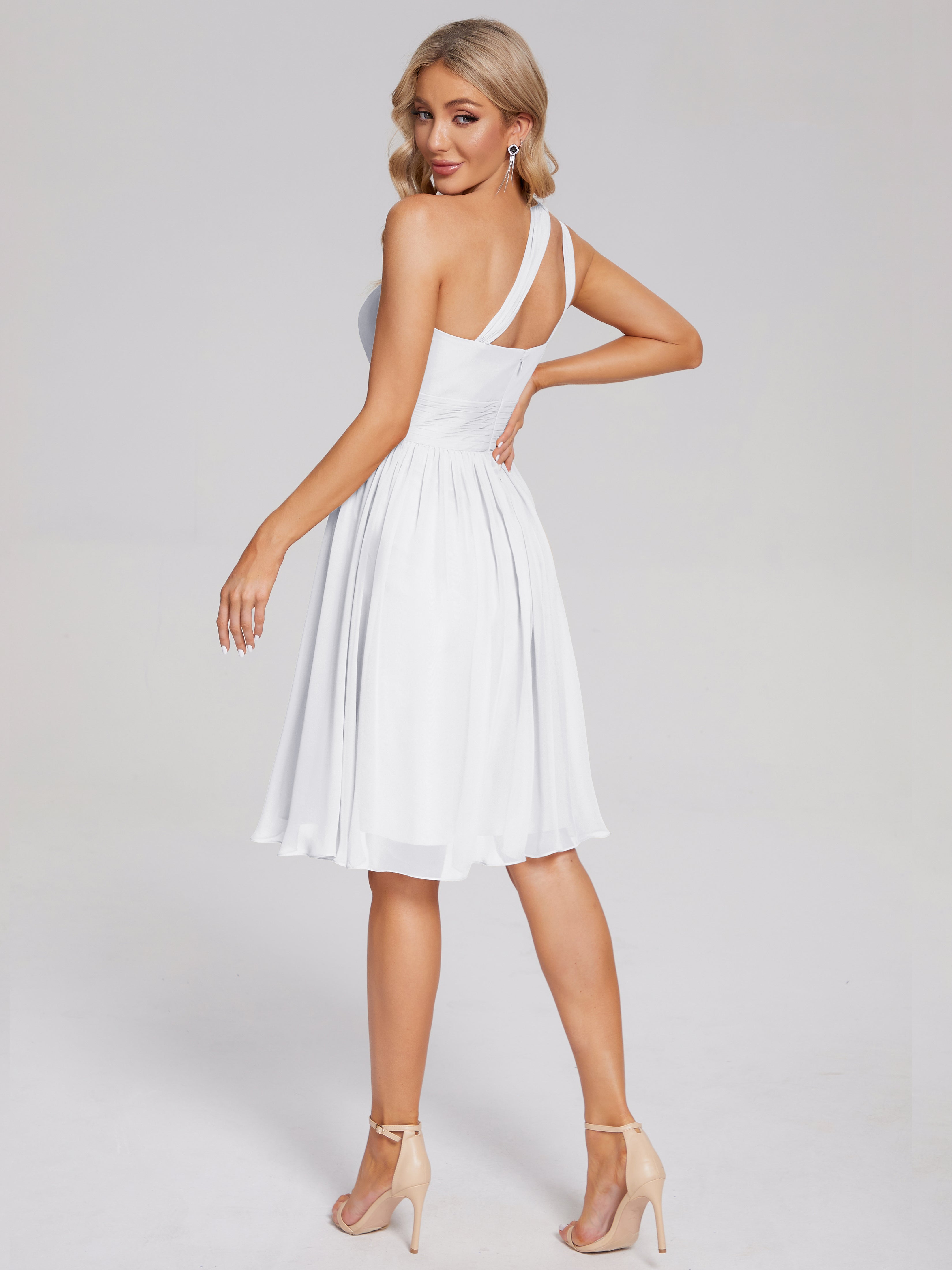 Robe Blanche De Demoiselle D Honneur Longueur Genou Seule-Épaule Mousseline Robes Demoiselle D'Honneur