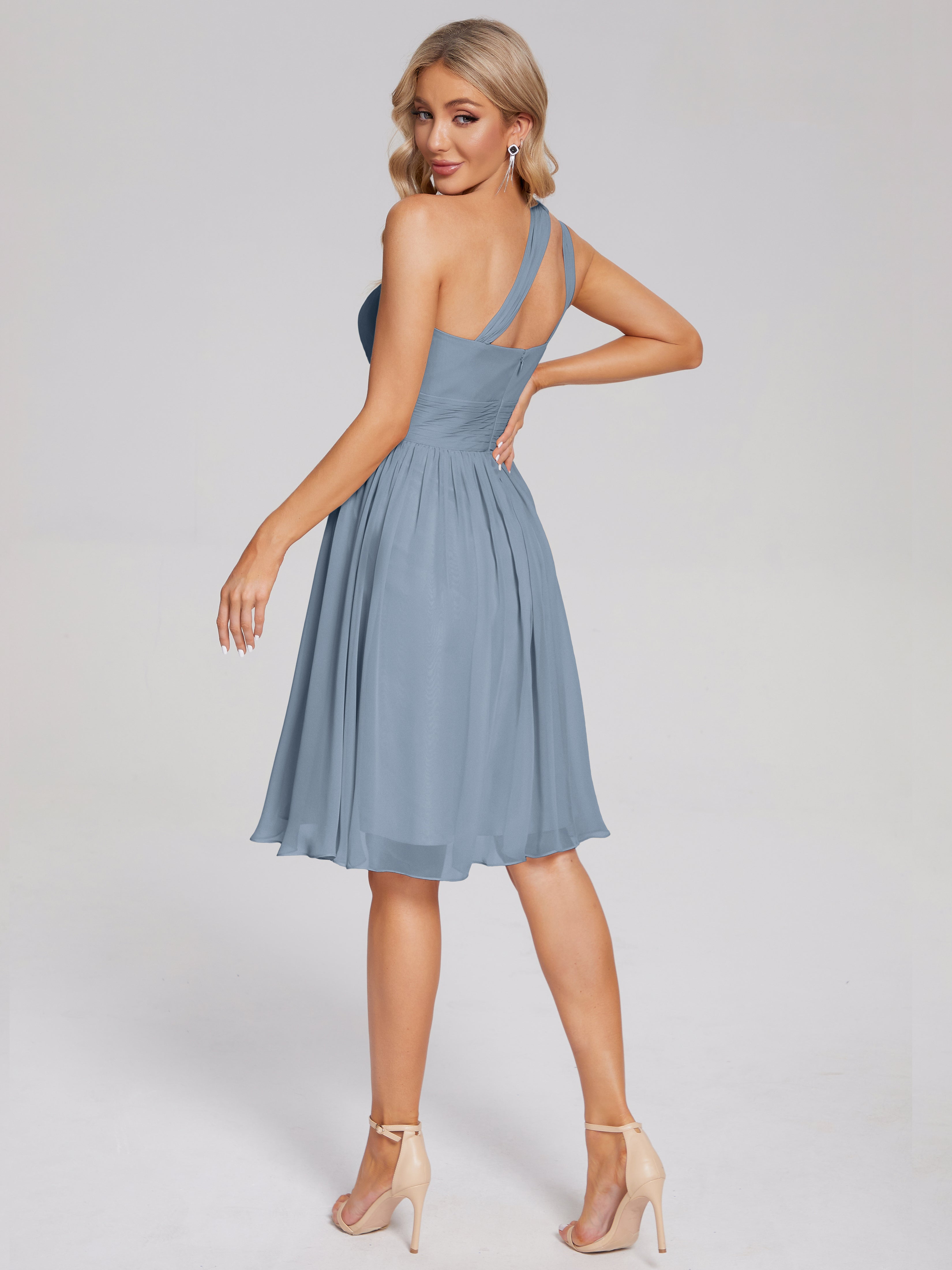 Robes De Demoiselle D'Honneur Bleu Gris Longueur Genou Seule-Épaule Mousseline Robes Demoiselle D'Honneur